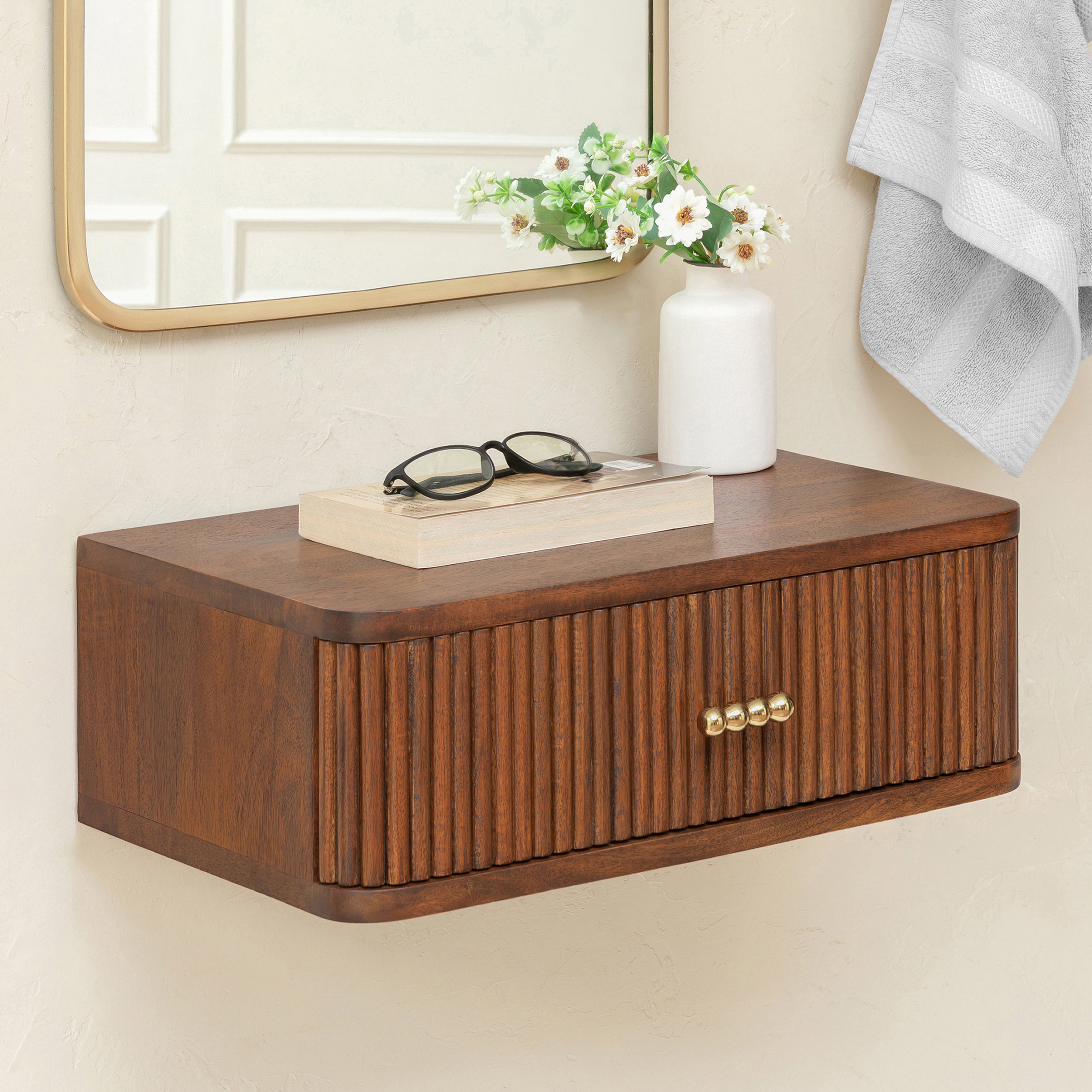 Albert Solid Mango Wood Floating Shelf with Drawer - Walnut