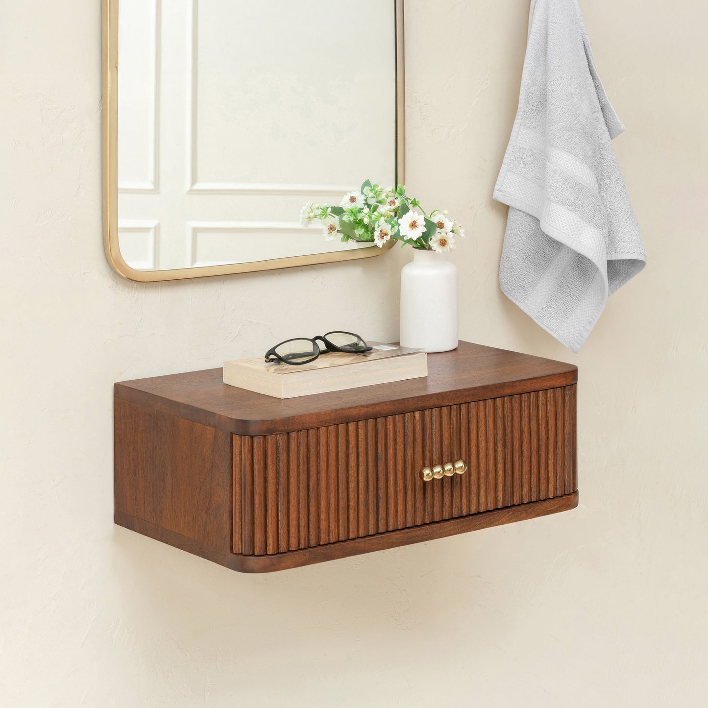 Albert Solid Mango Wood Floating Shelf with Drawer - Walnut