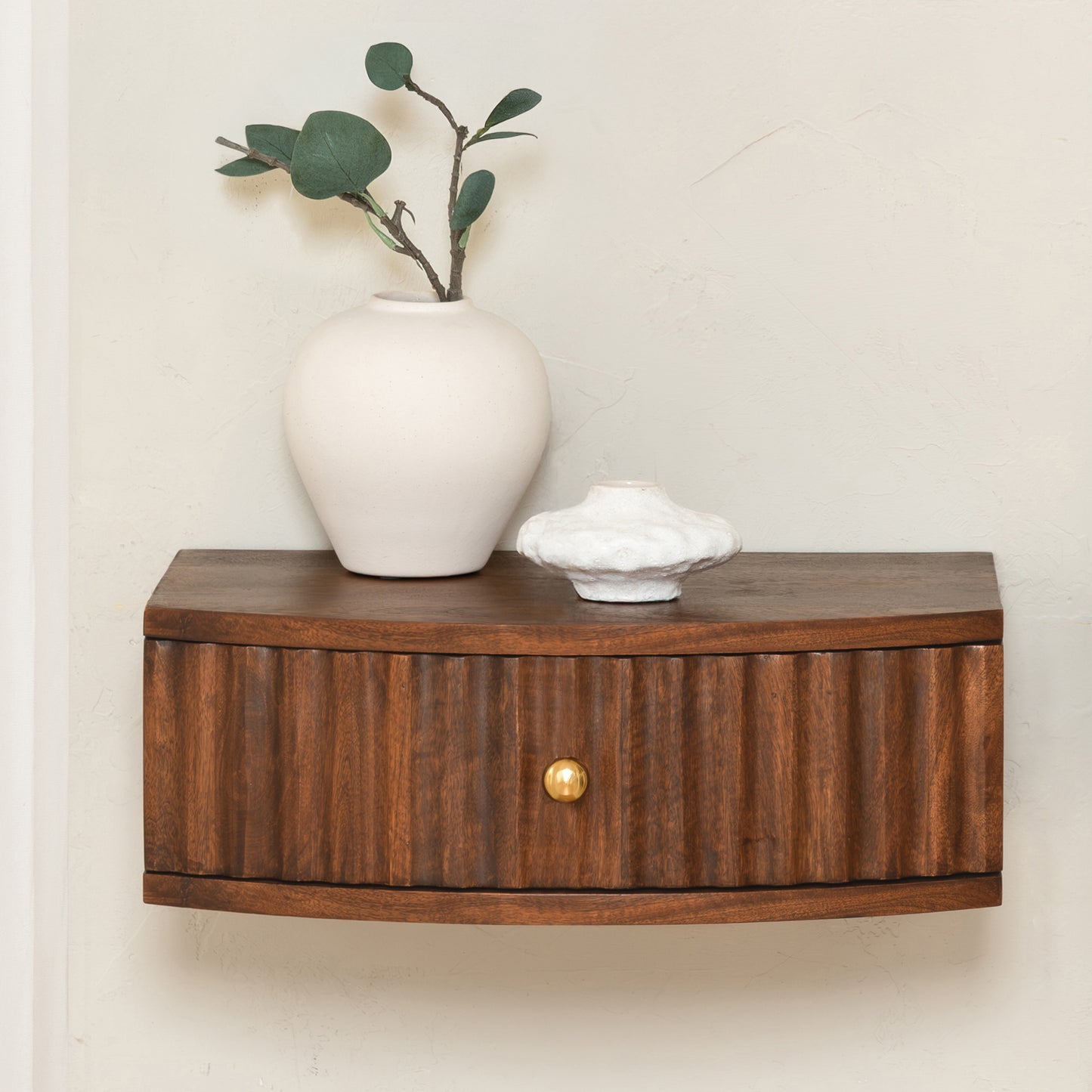 Cilo Solid Mango Wood Floating Shelf with Drawer - Walnut