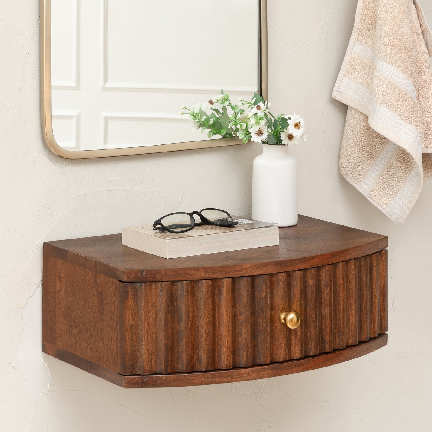 Cilo Solid Mango Wood Floating Shelf with Drawer - Walnut
