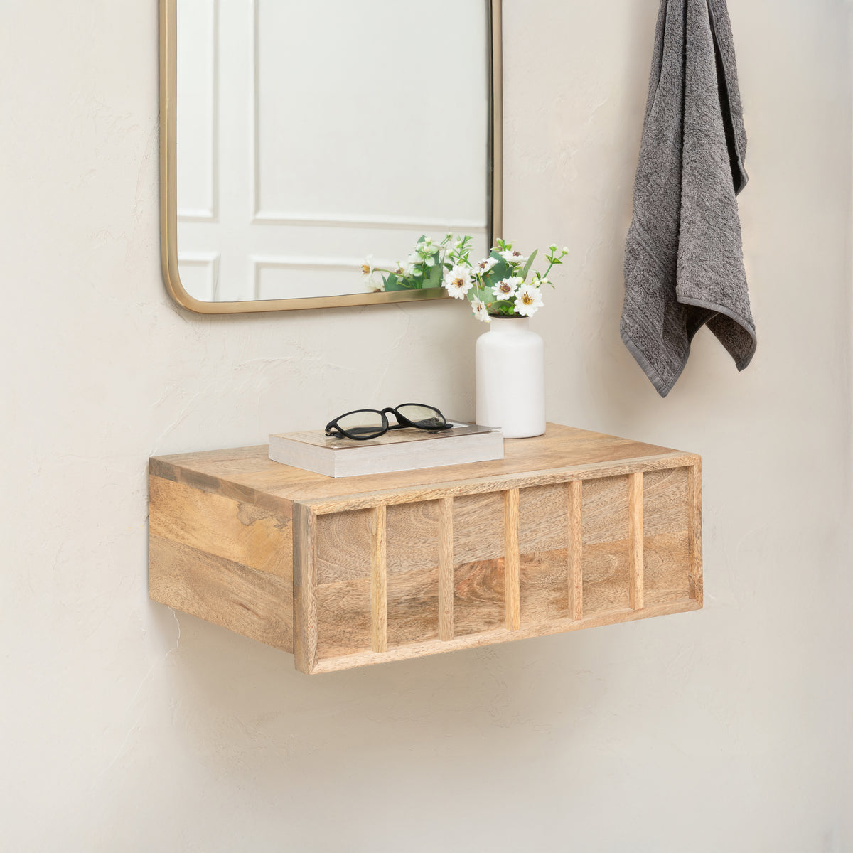 Arlo Solid Mango Wood Floating Shelf with Drawer - Natural