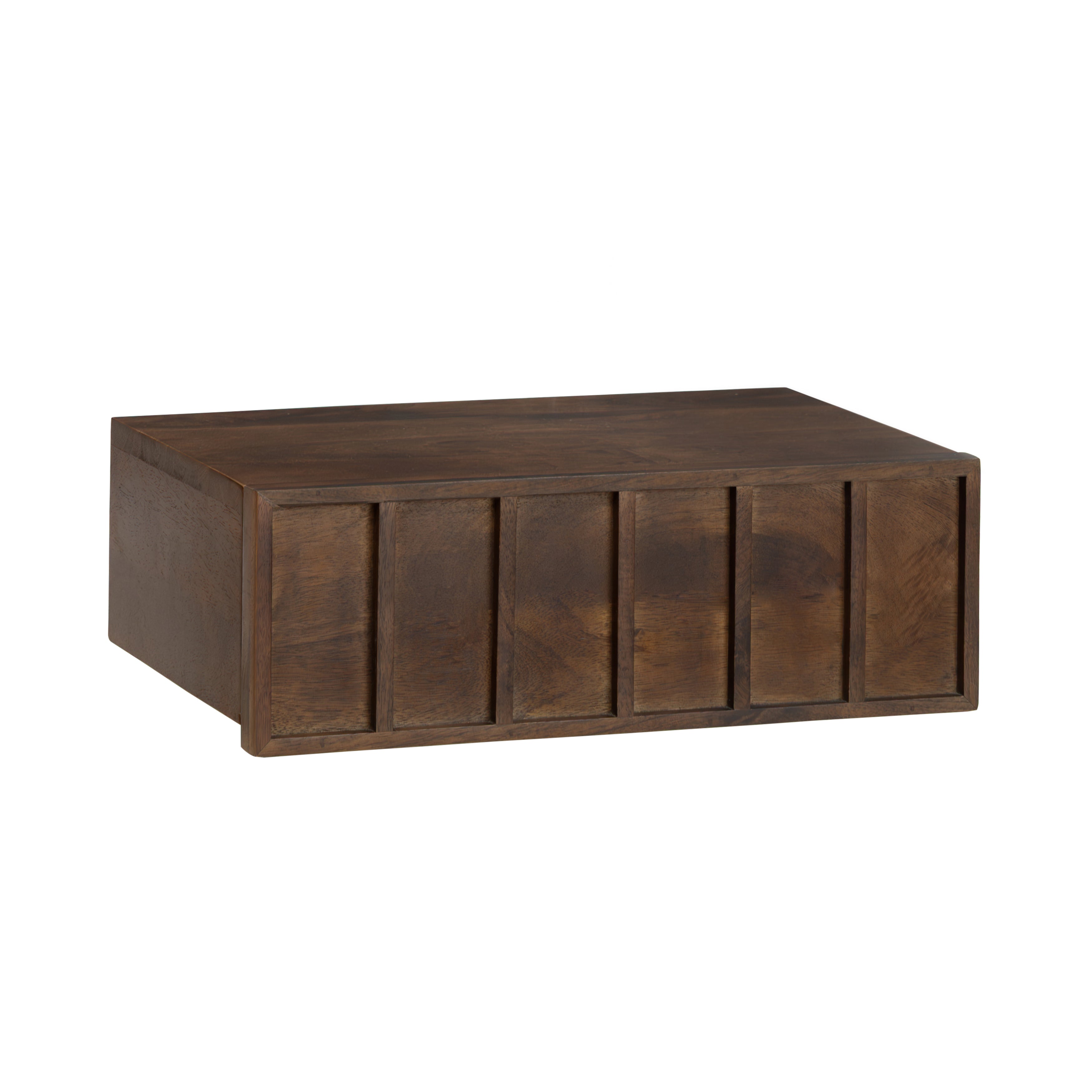 Wooden floating shelf with a white background