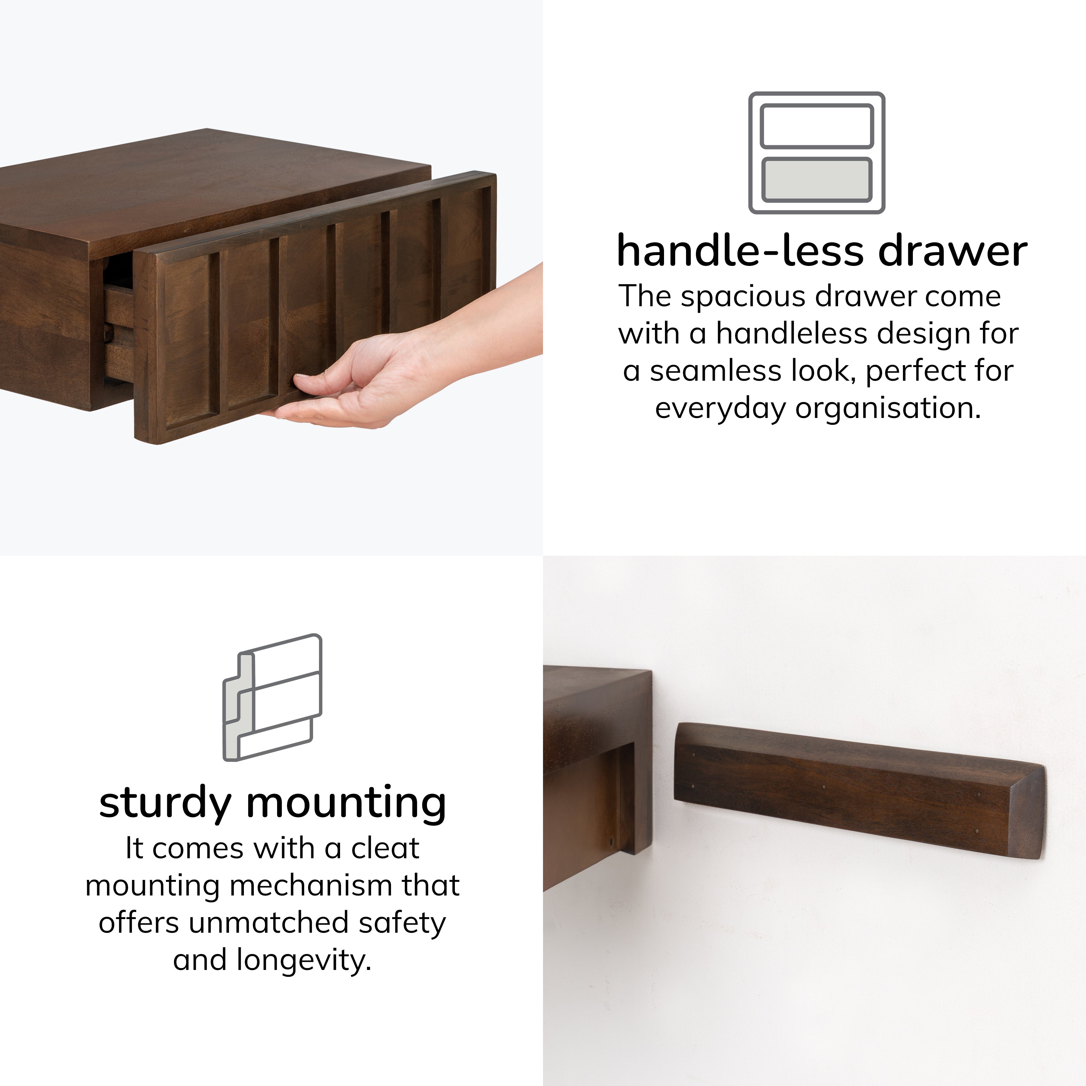 Wooden drawer with handleless design and sturdy mounting mechanism on a white background.