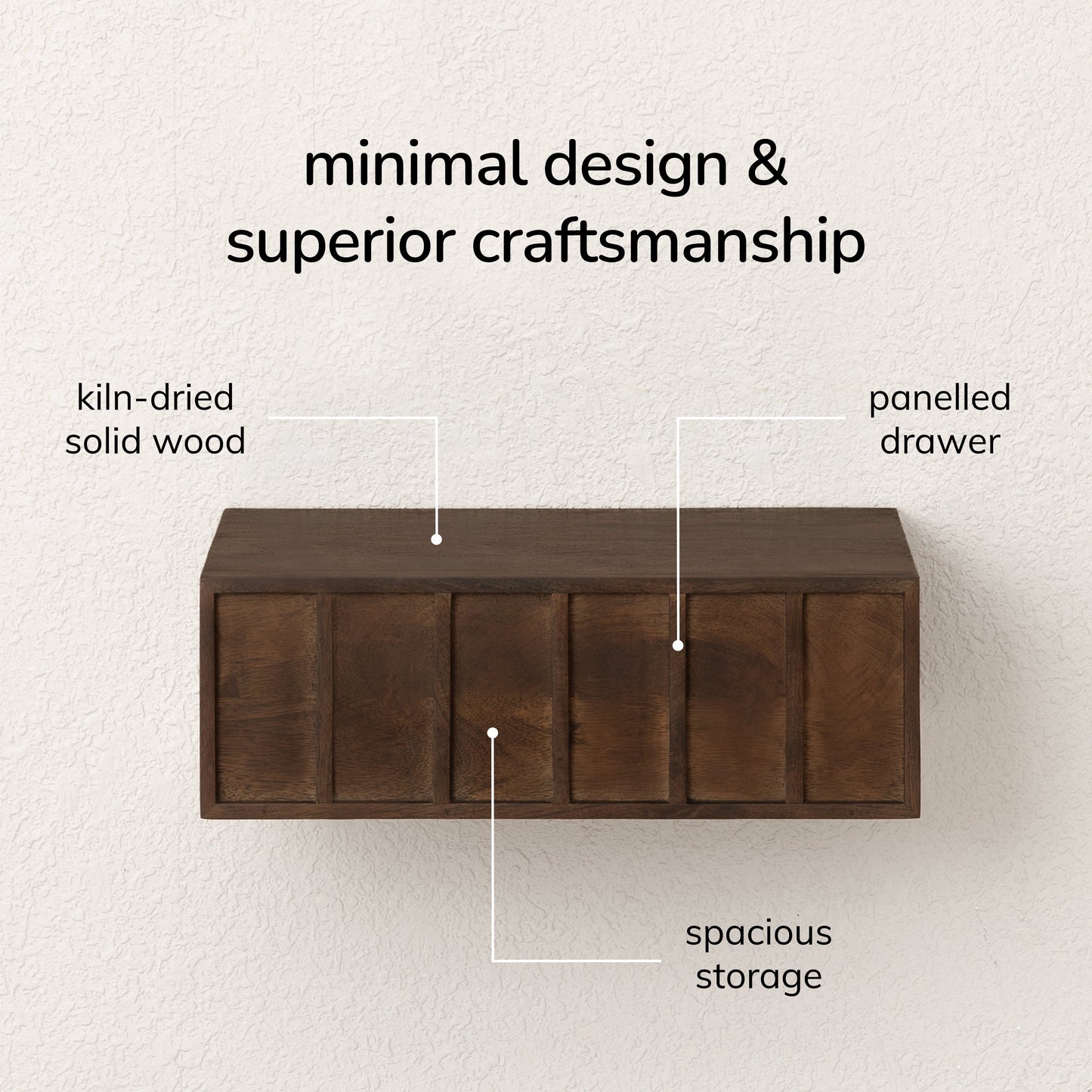 Wooden shelf with text highlighting features on a light background