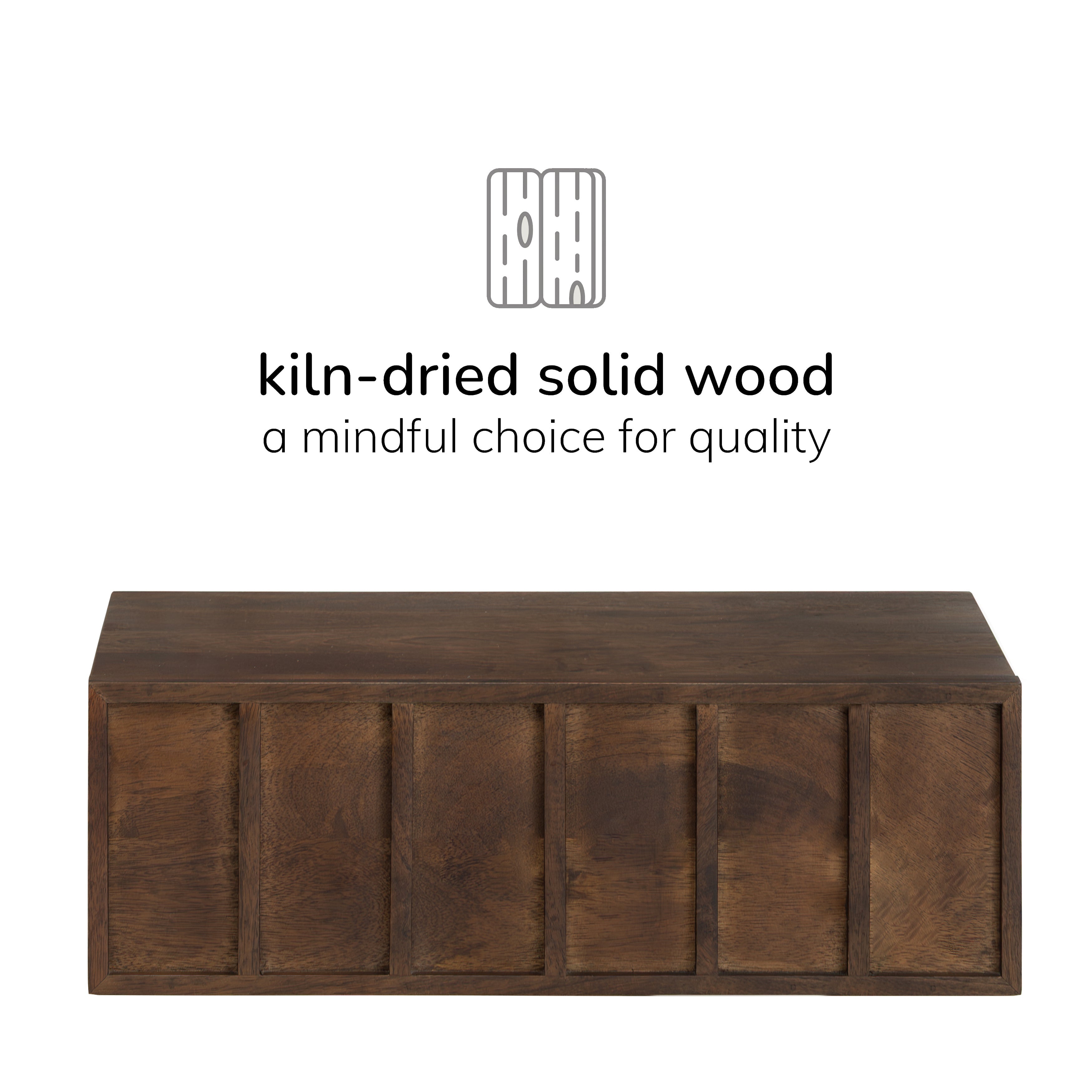 Wooden shelf with 'kiln-dried solid wood' text and branding on a white background
