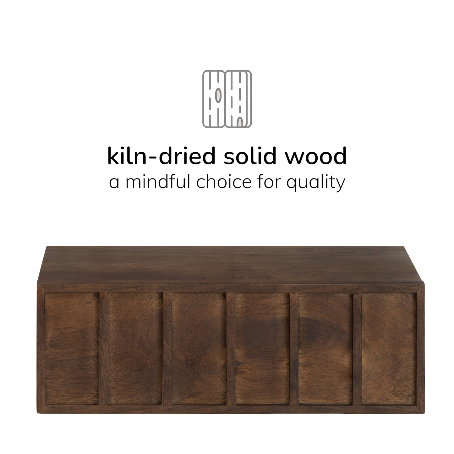 Wooden shelf with 'kiln-dried solid wood' text and branding on a white background