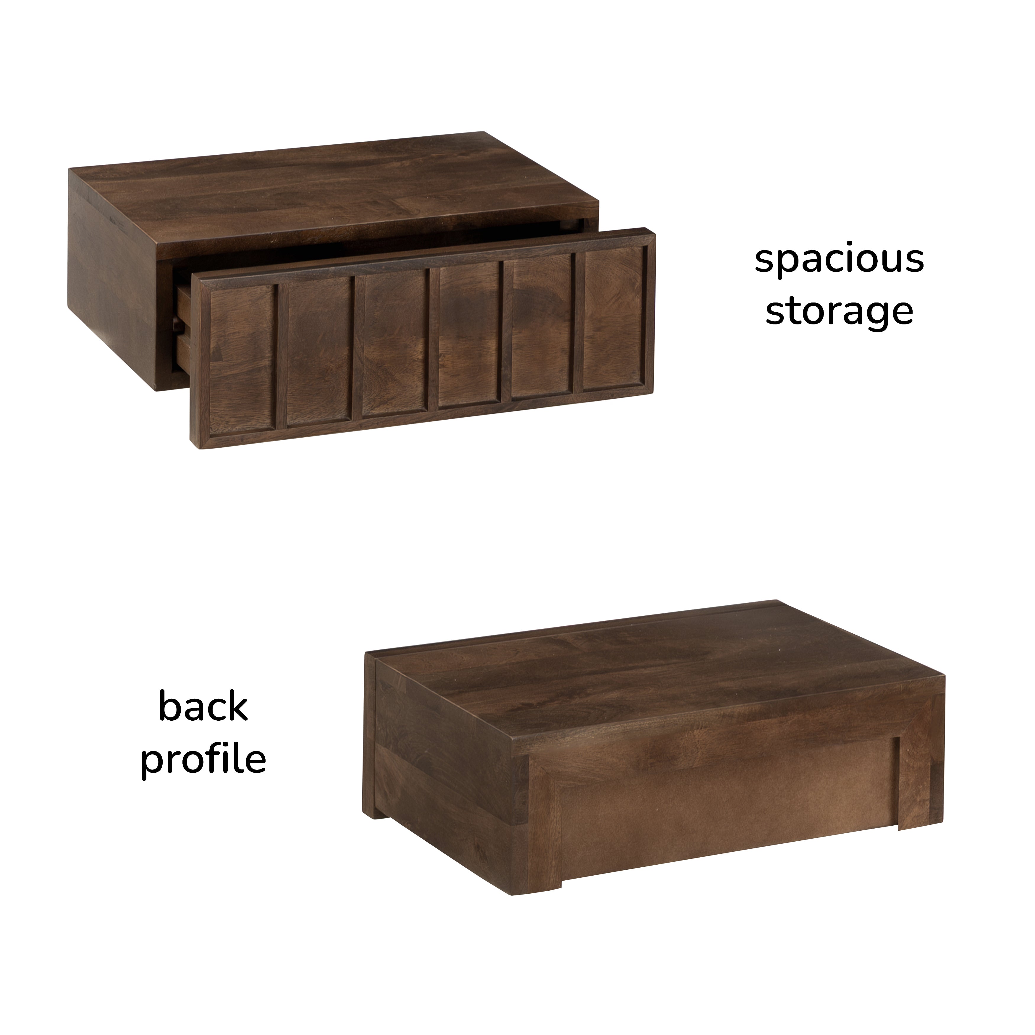 Brown wooden storage shelf with a drawer labeled 'spacious storage' and 'back profile' on a white background.