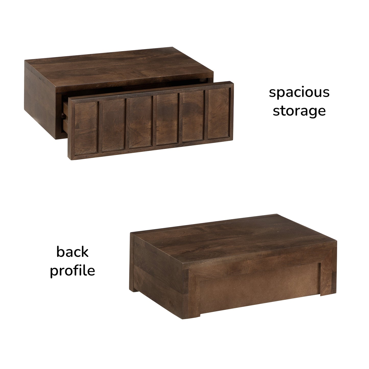Brown wooden storage shelf with a drawer labeled 'spacious storage' and 'back profile' on a white background.