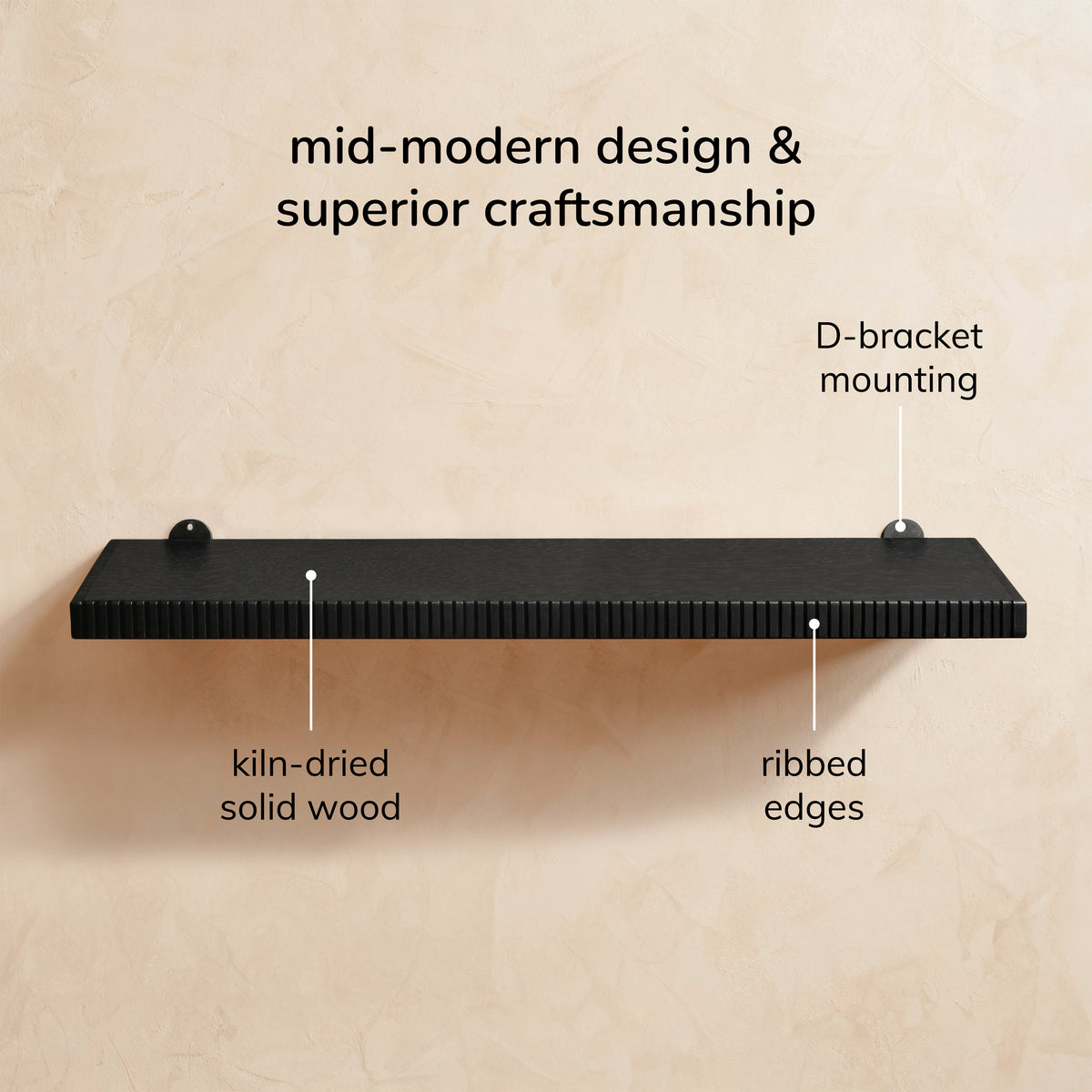 Ancona Solid Mango Wood Wall Mounted Shelf - Large - Black