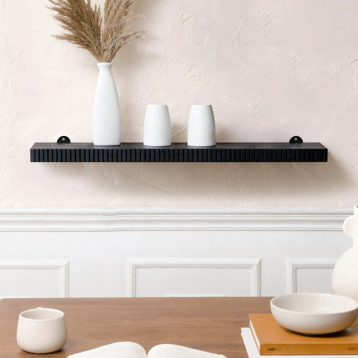Ancona Solid Mango Wood Wall Mounted Shelf - Large - Black