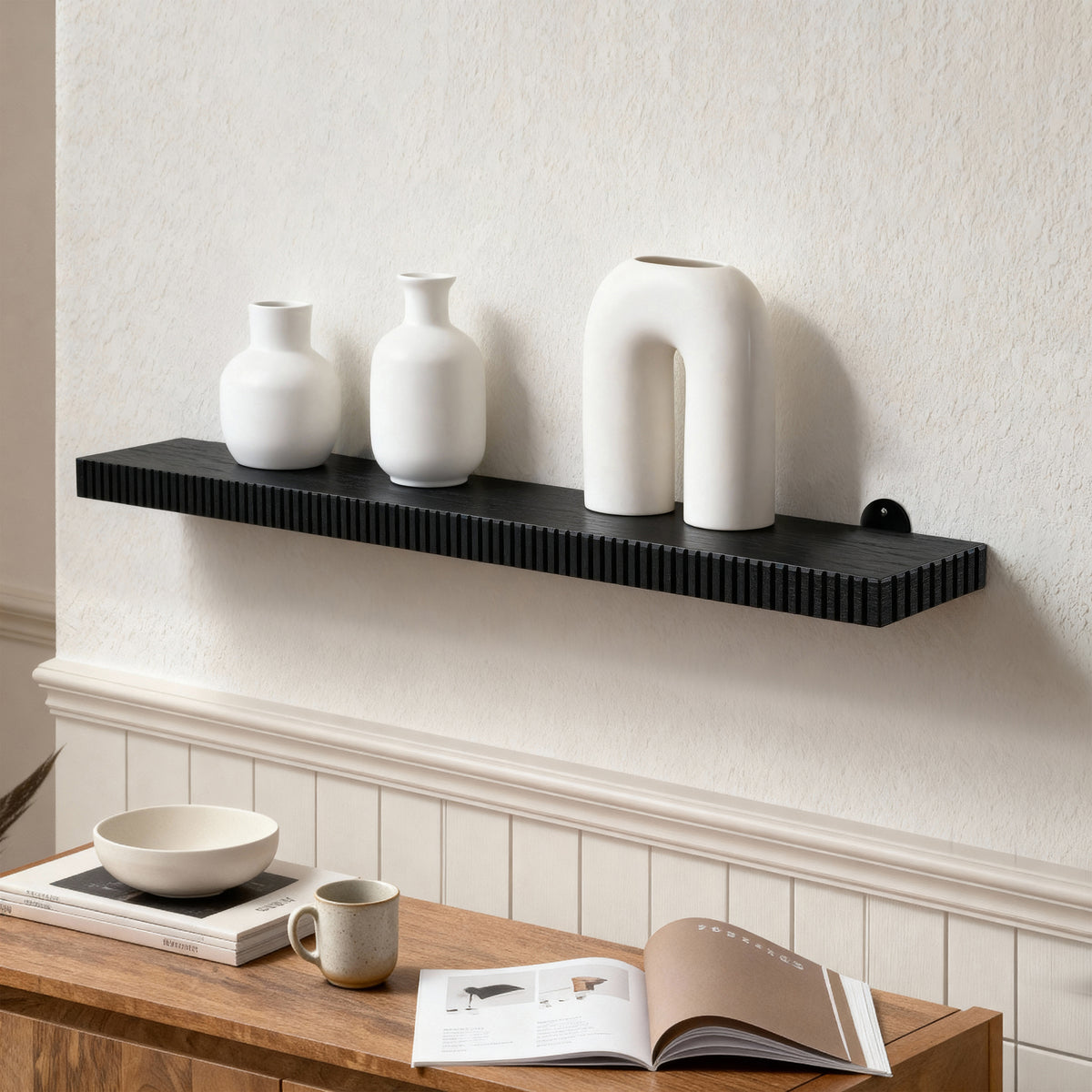 Ancona Solid Mango Wood Wall Mounted Shelf - Large - Black