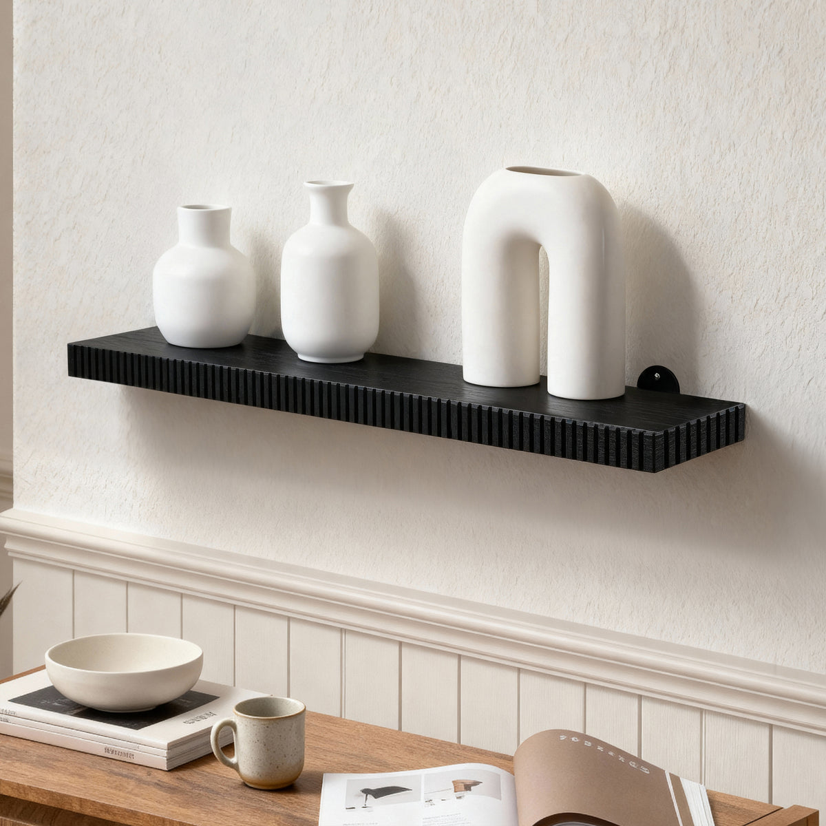 Ancona Solid Mango Wood Wall Mounted Shelf - Small - Black