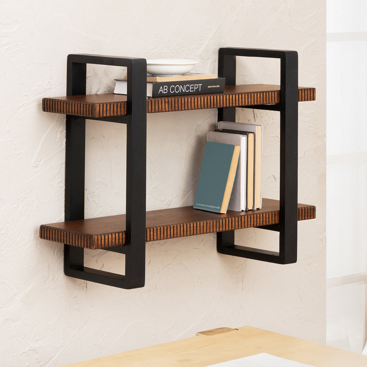 Ancona Solid Mango Wood 2 Tier Wall Mounted Shelf - Walnut
