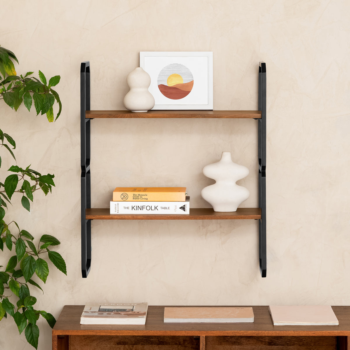 Deva Solid Wood & MS Iron Wall Mounted Accent Shelf - Walnut
