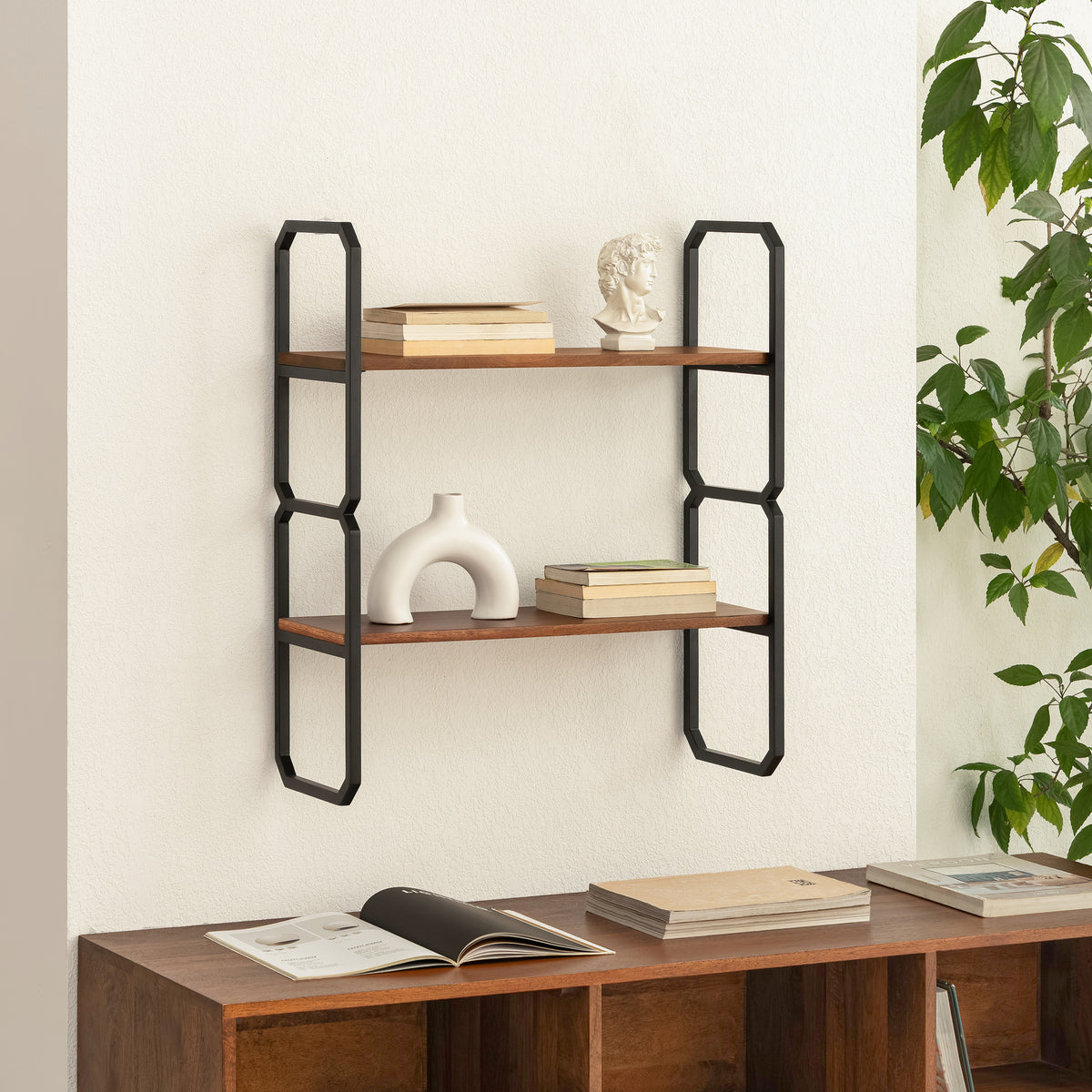 Deva Solid Wood & MS Iron Wall Mounted Accent Shelf - Walnut