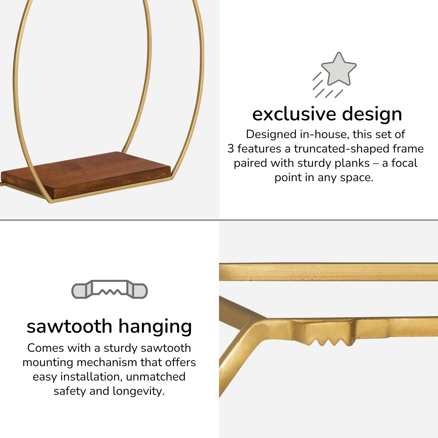 Mika Set of 3 Solid Wood & MS Iron Wall Mounted Accent Shelves - Gold Plated & Walnut