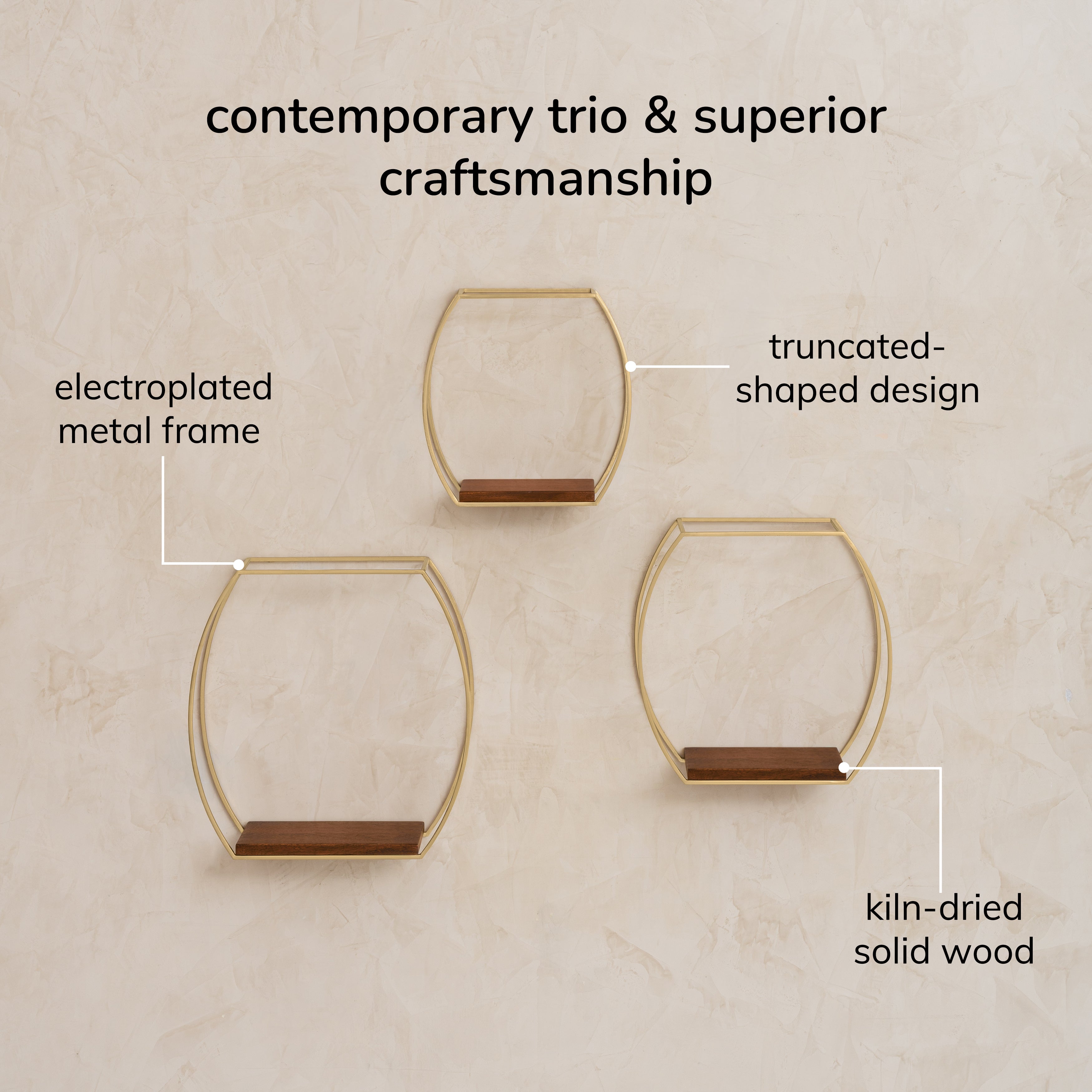 Mika Set of 3 Solid Wood & MS Iron Wall Mounted Accent Shelves - Gold Plated & Walnut