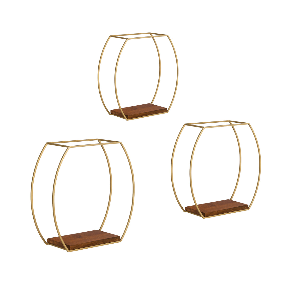 Mika set of 3 Wall Mounted Accent Shelves Solid Wood & Metal - Gold Plated & Walnut