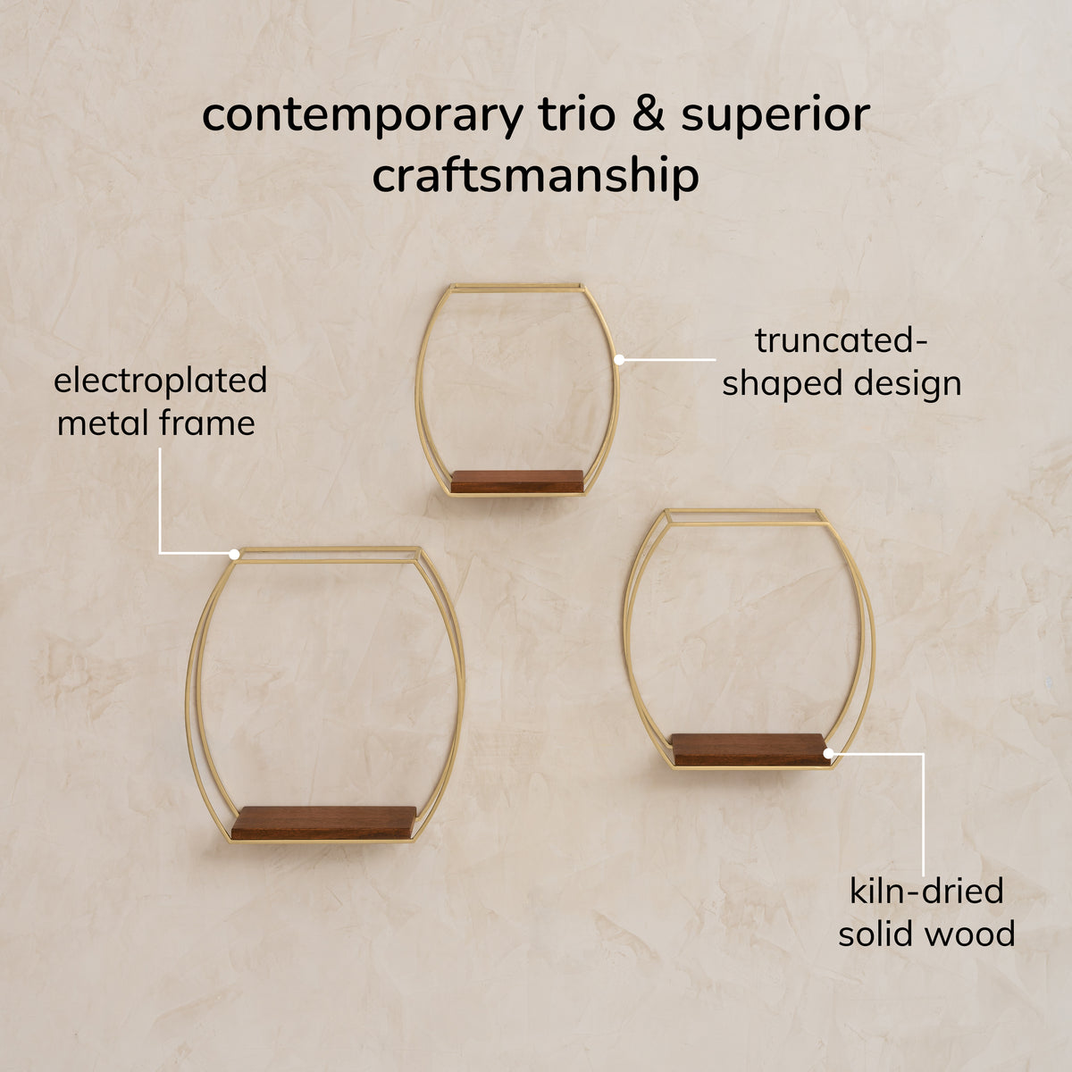 Mika set of 3 Wall Mounted Accent Shelves Solid Wood & Metal - Gold Plated & Walnut