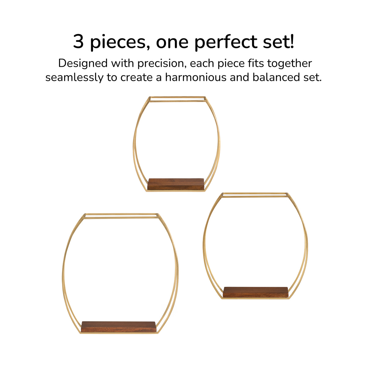Mika set of 3 Wall Mounted Accent Shelves Solid Wood & Metal - Gold Plated & Walnut