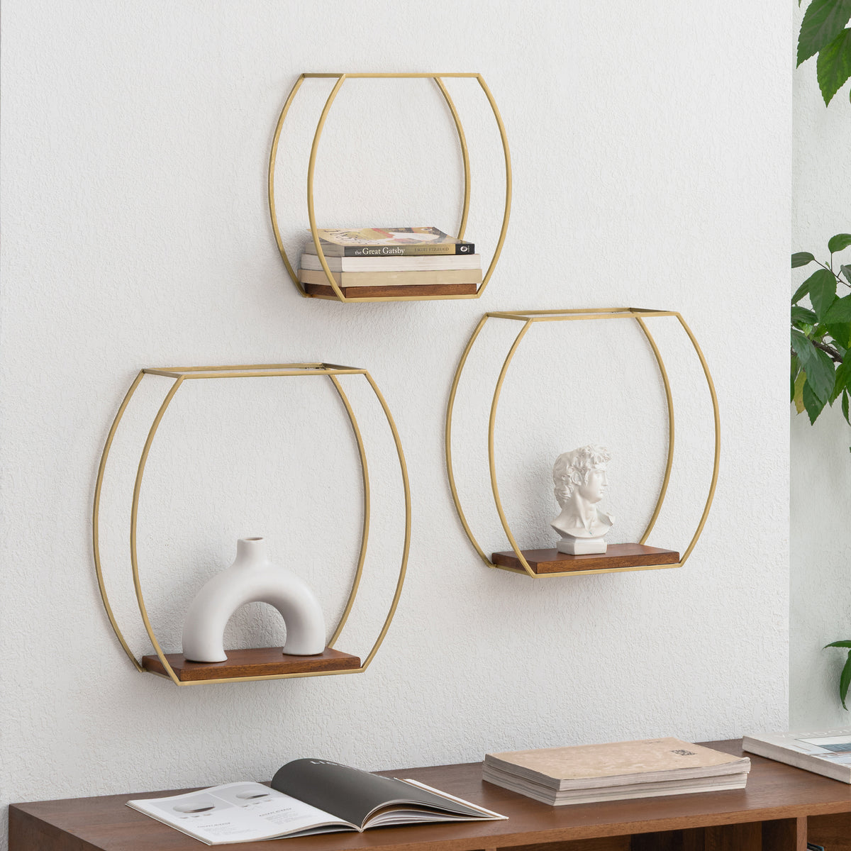 Mika set of 3 Wall Mounted Accent Shelves Solid Wood & Metal - Gold Plated & Walnut