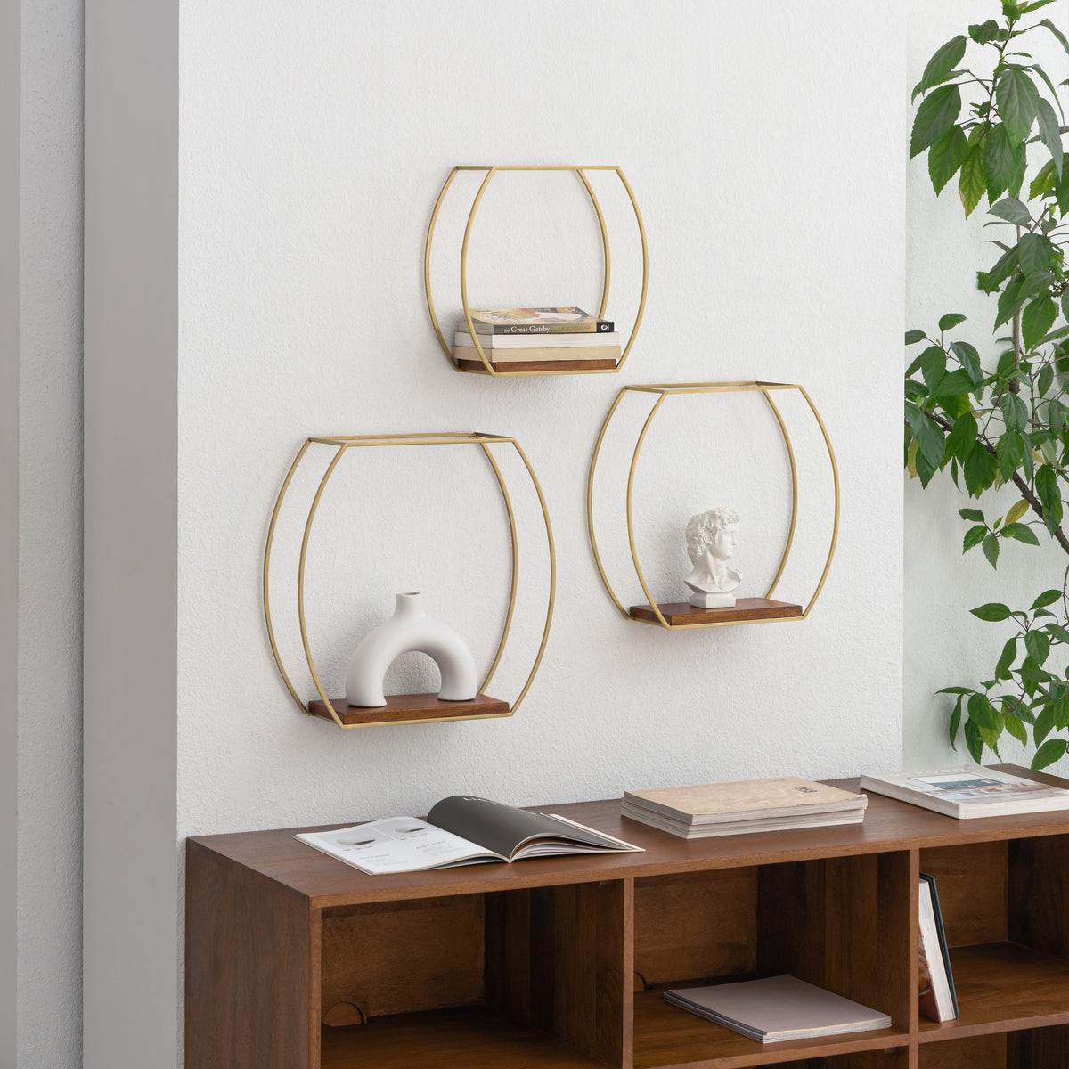 Mika set of 3 Wall Mounted Accent Shelves Solid Wood & Metal - Gold Plated & Walnut