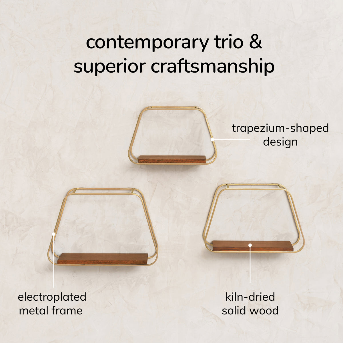 Ula Set of 3 Solid Wood & MS Iron Wall Mounted Accent Shelves - Gold Plated & Walnut