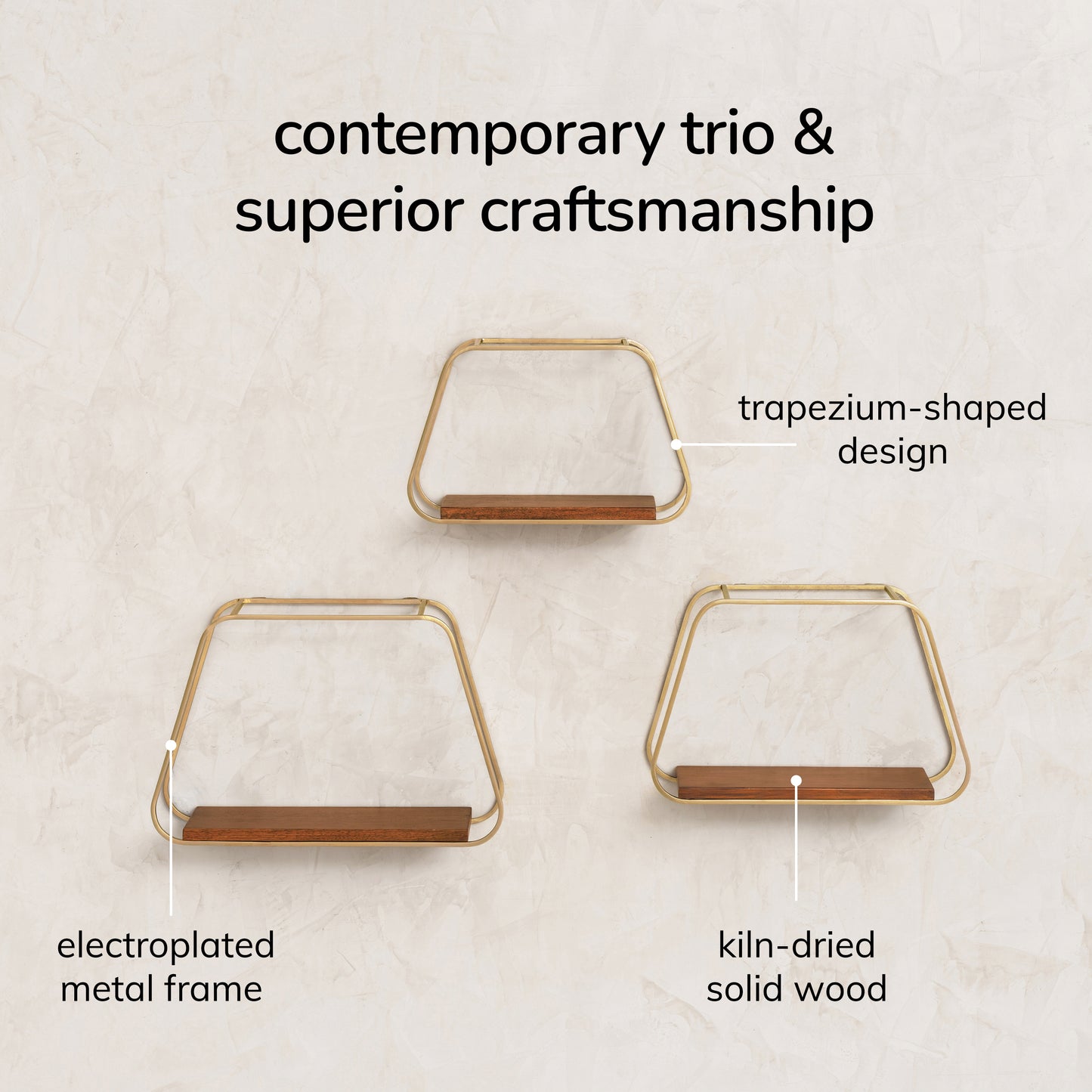 Ula Set of 3 Solid Wood & MS Iron Wall Mounted Accent Shelves - Gold Plated & Walnut