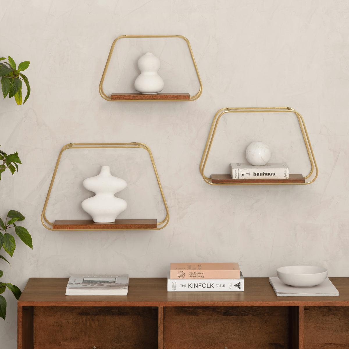 Ula Set of 3 Solid Wood & MS Iron Wall Mounted Accent Shelves - Gold Plated & Walnut