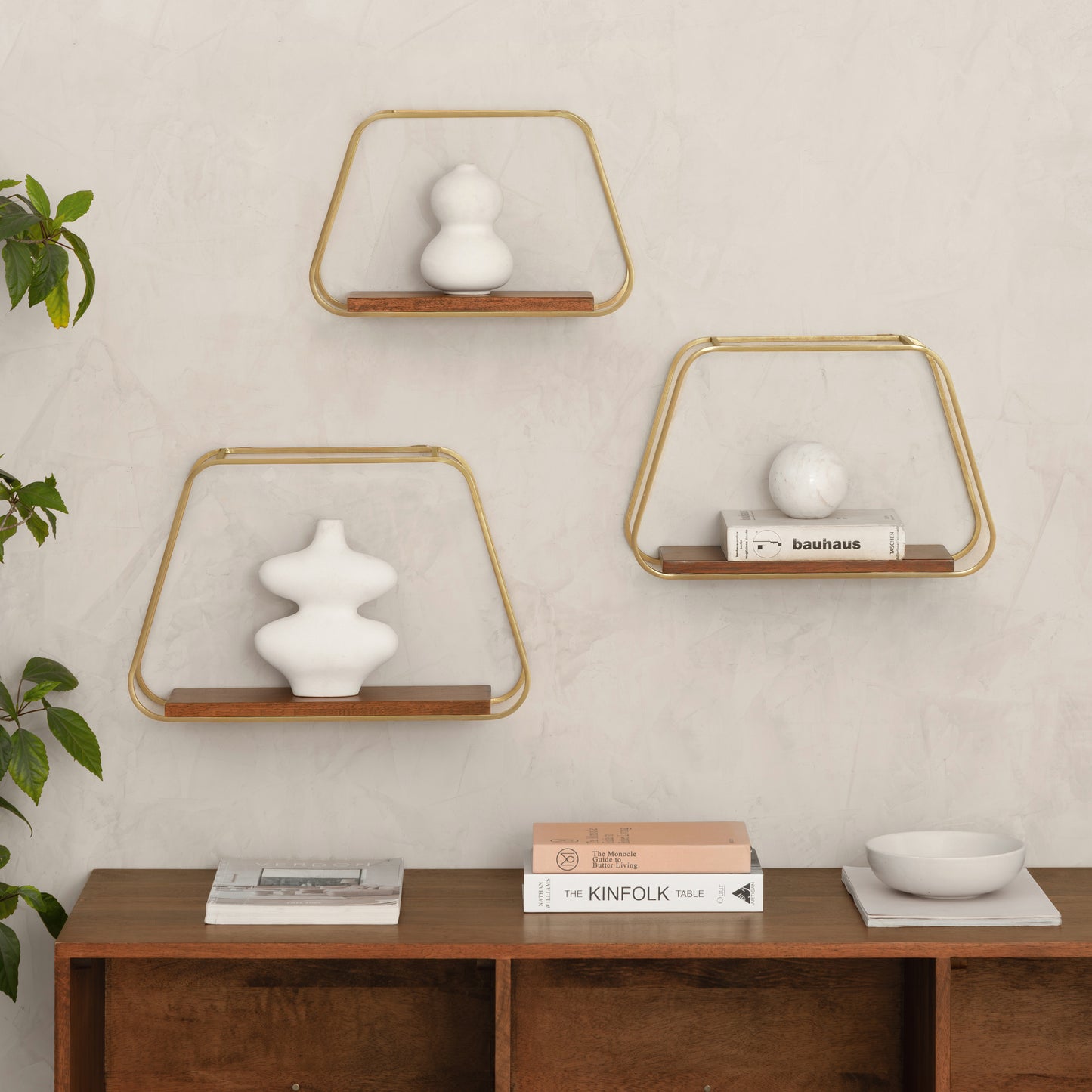 Ula Set of 3 Solid Wood & MS Iron Wall Mounted Accent Shelves - Gold Plated & Walnut