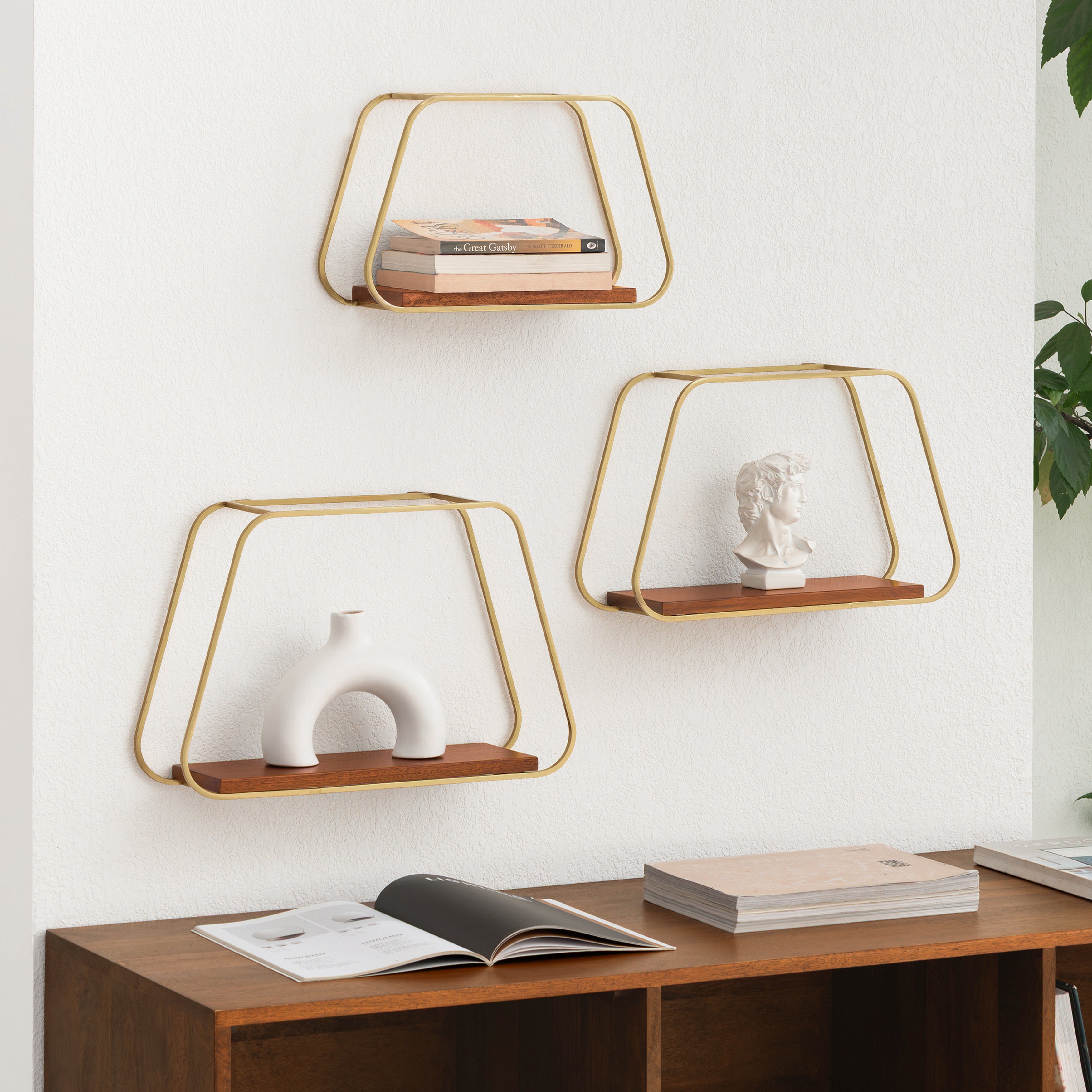 Ula Set of 3 Solid Wood & MS Iron Wall Mounted Accent Shelves - Gold Plated & Walnut
