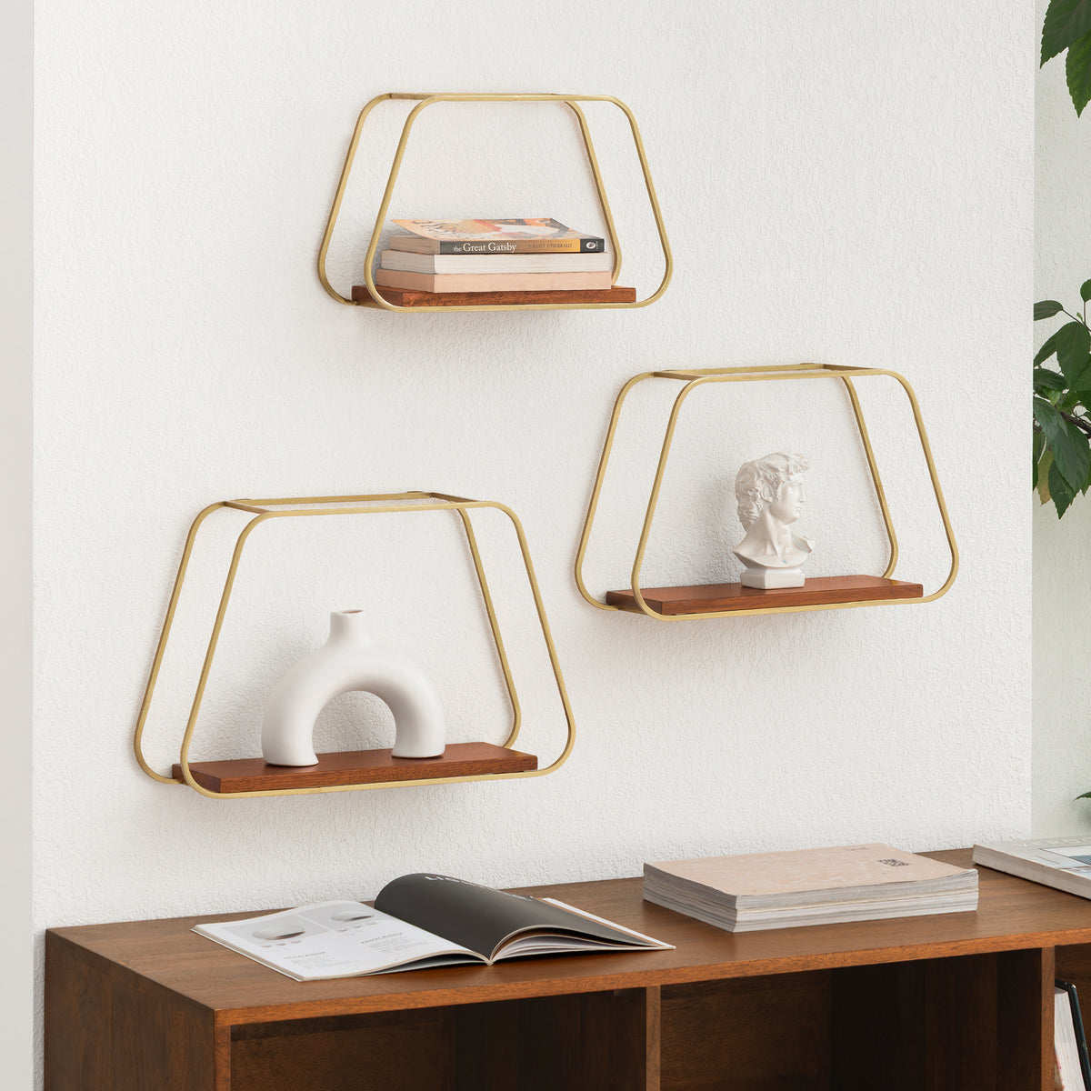 Ula Set of 3 Solid Wood & MS Iron Wall Mounted Accent Shelves - Gold Plated & Walnut