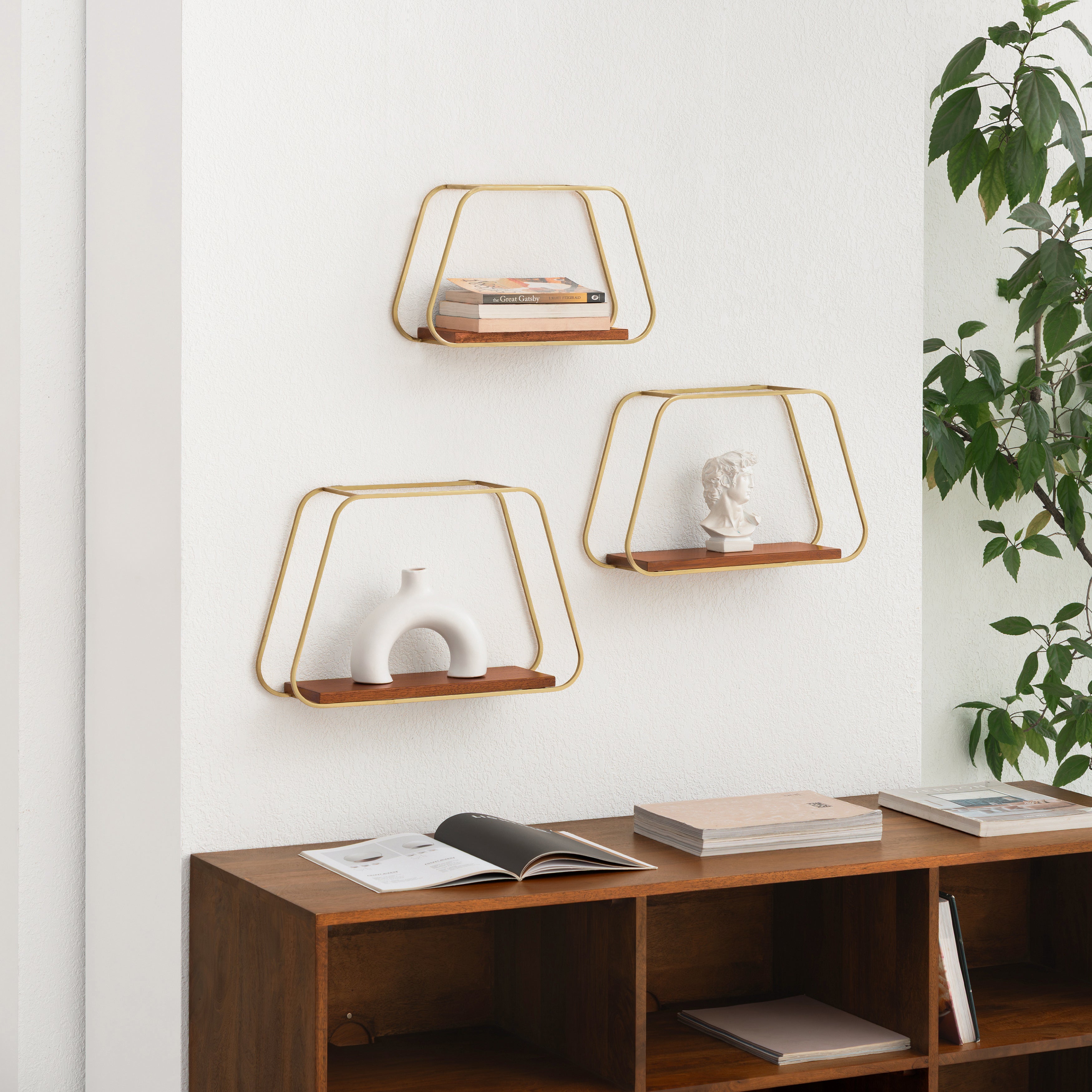 Ula Set of 3 Solid Wood & MS Iron Wall Mounted Accent Shelves - Gold Plated & Walnut