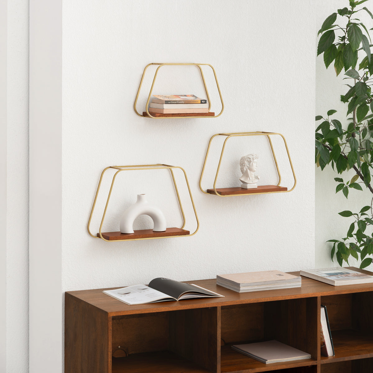 Ula Set of 3 Solid Wood & MS Iron Wall Mounted Accent Shelves - Gold Plated & Walnut
