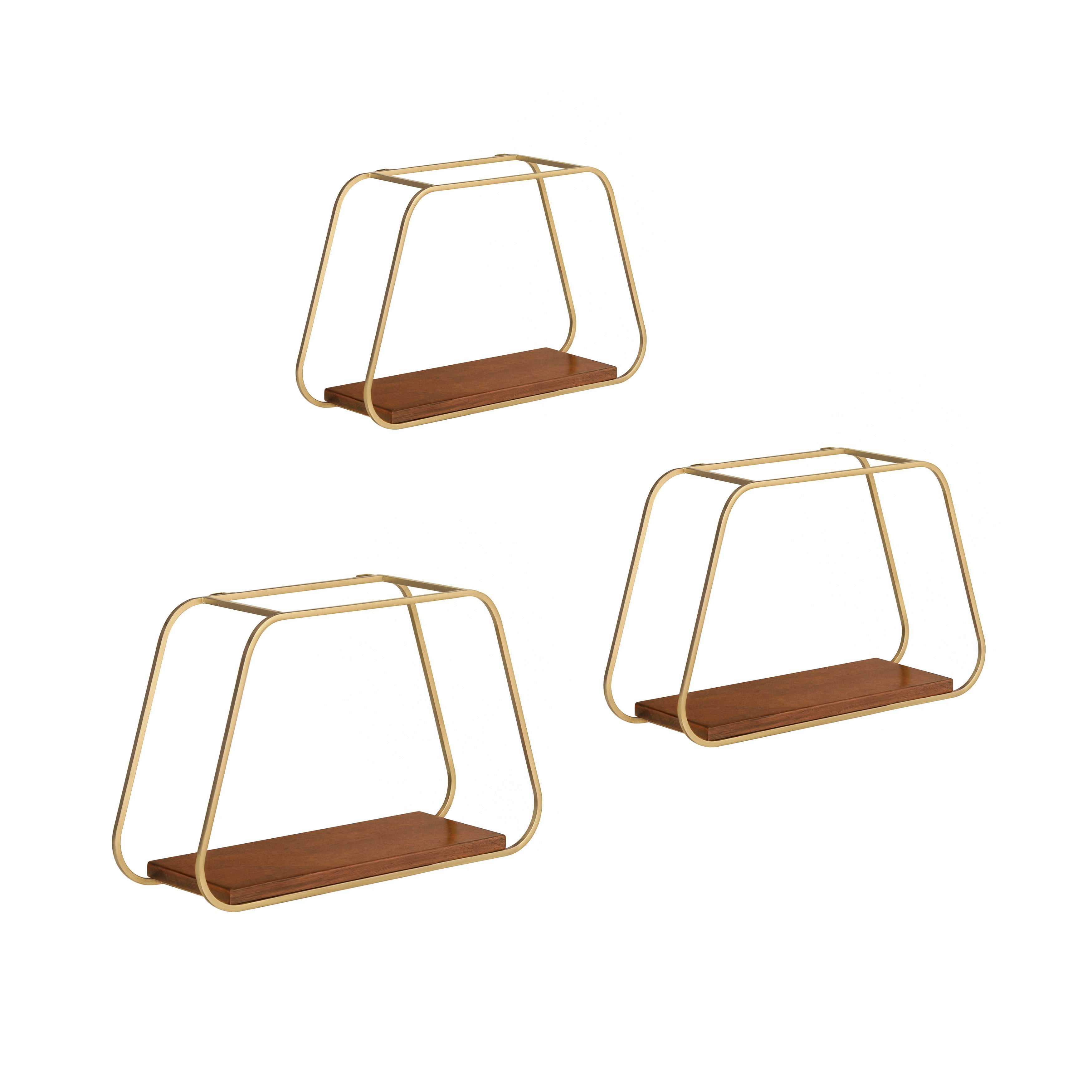Ula Set of 3 Solid Wood & MS Iron Wall Mounted Accent Shelves - Gold Plated & Walnut