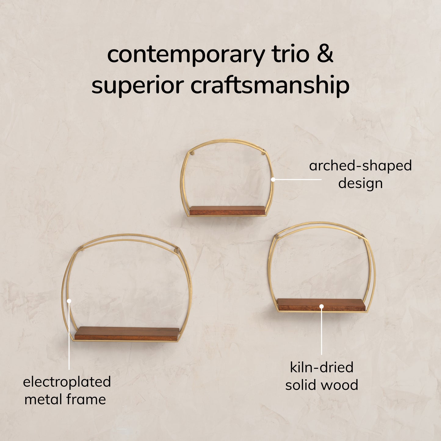 Faith set of 3 Solid Wood & MS Iron Wall Mounted Accent Shelves - Gold Plated & Walnut