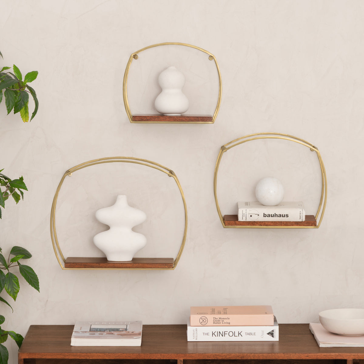 Faith set of 3 Solid Wood & MS Iron Wall Mounted Accent Shelves - Gold Plated & Walnut