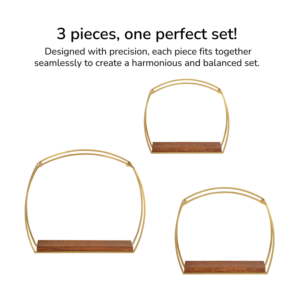 Faith set of 3 Wall Mounted Accent Shelves Solid Wood & Metal - Gold Plated & Walnut