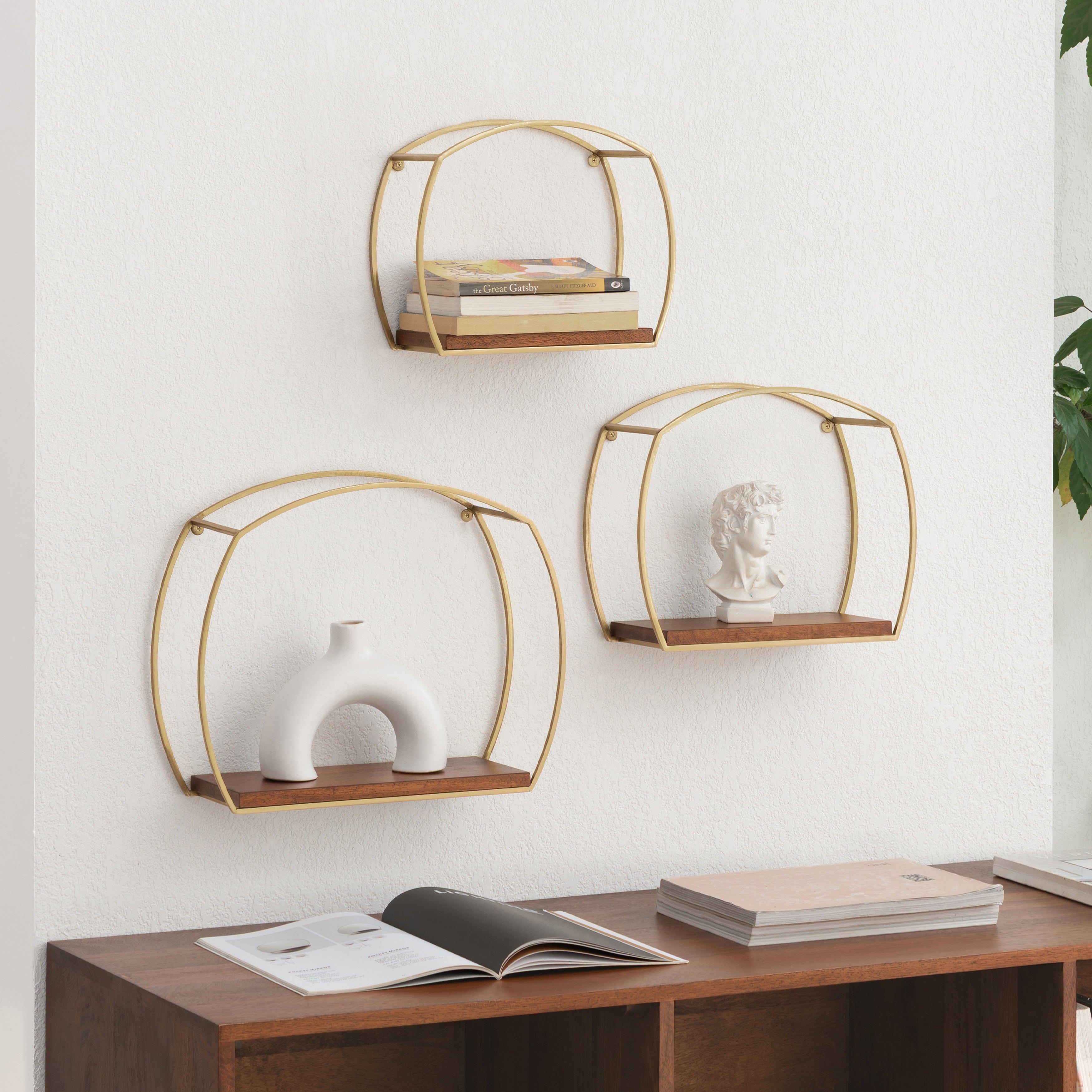 Faith set of 3 Solid Wood & MS Iron Wall Mounted Accent Shelves - Gold Plated & Walnut