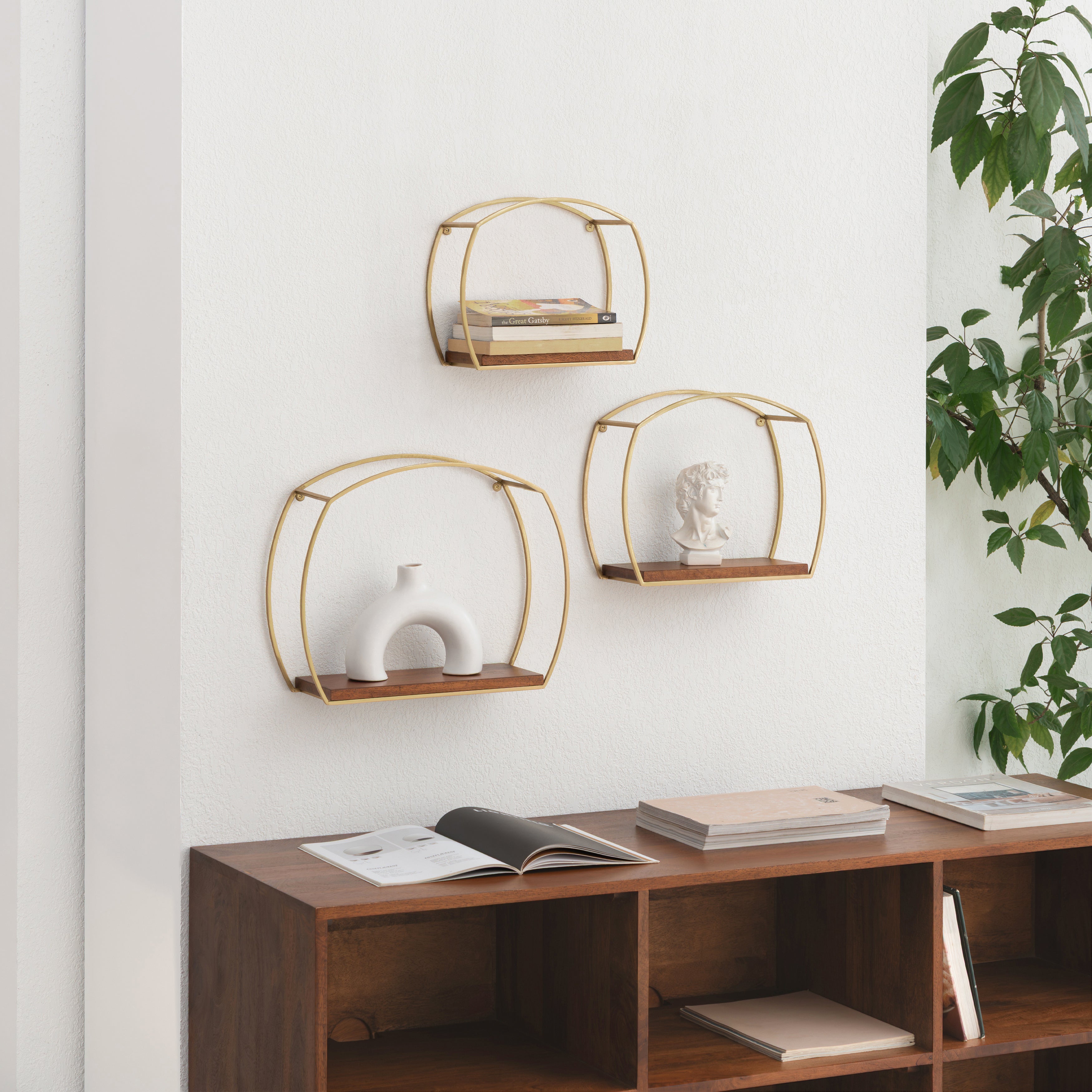 Faith set of 3 Solid Wood & MS Iron Wall Mounted Accent Shelves - Gold Plated & Walnut