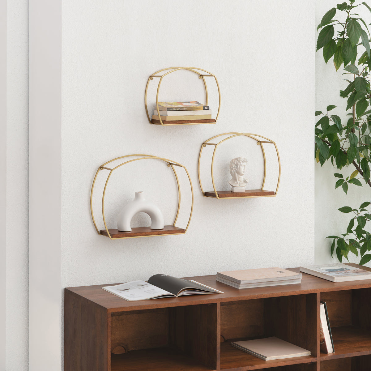 Faith set of 3 Wall Mounted Accent Shelves Solid Wood & Metal - Gold Plated & Walnut