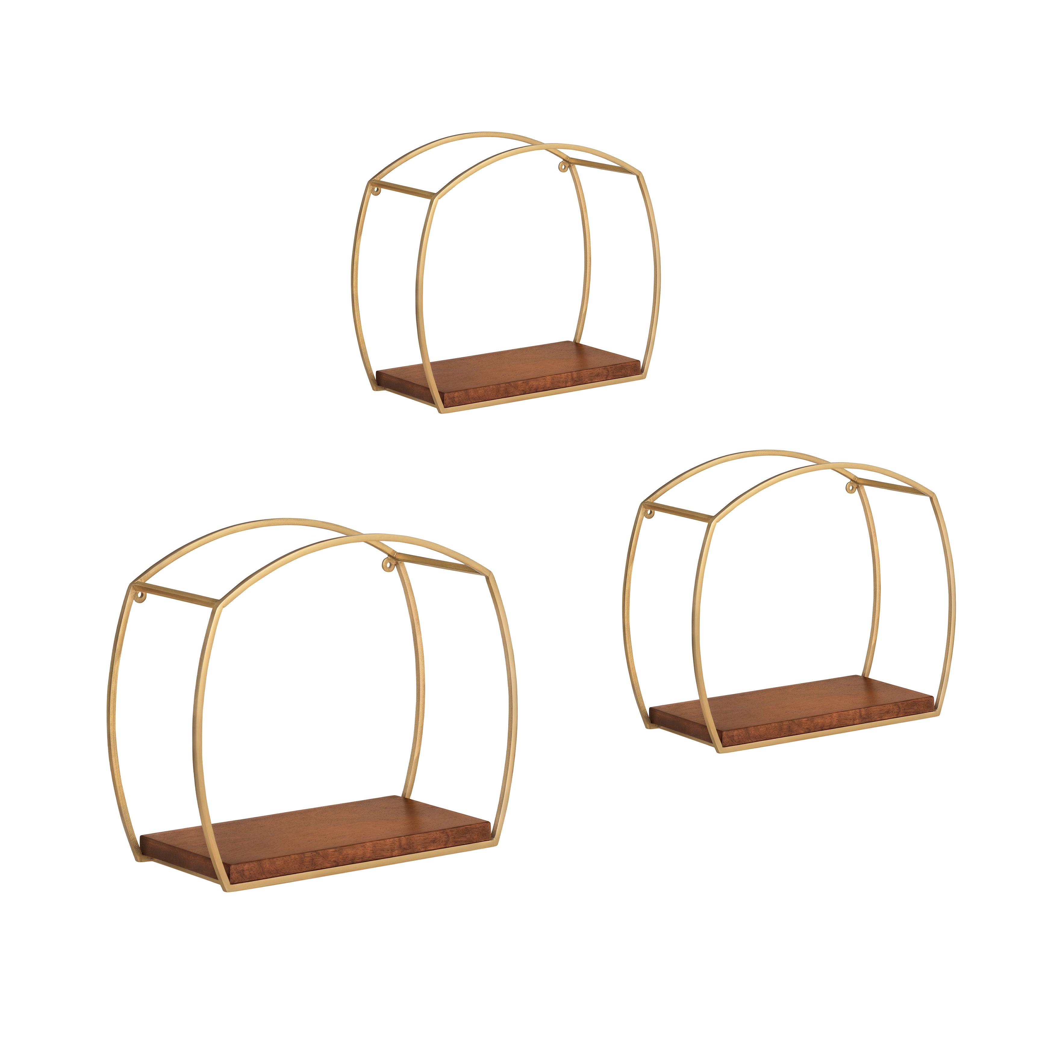 Faith set of 3 Solid Wood & MS Iron Wall Mounted Accent Shelves - Gold Plated & Walnut