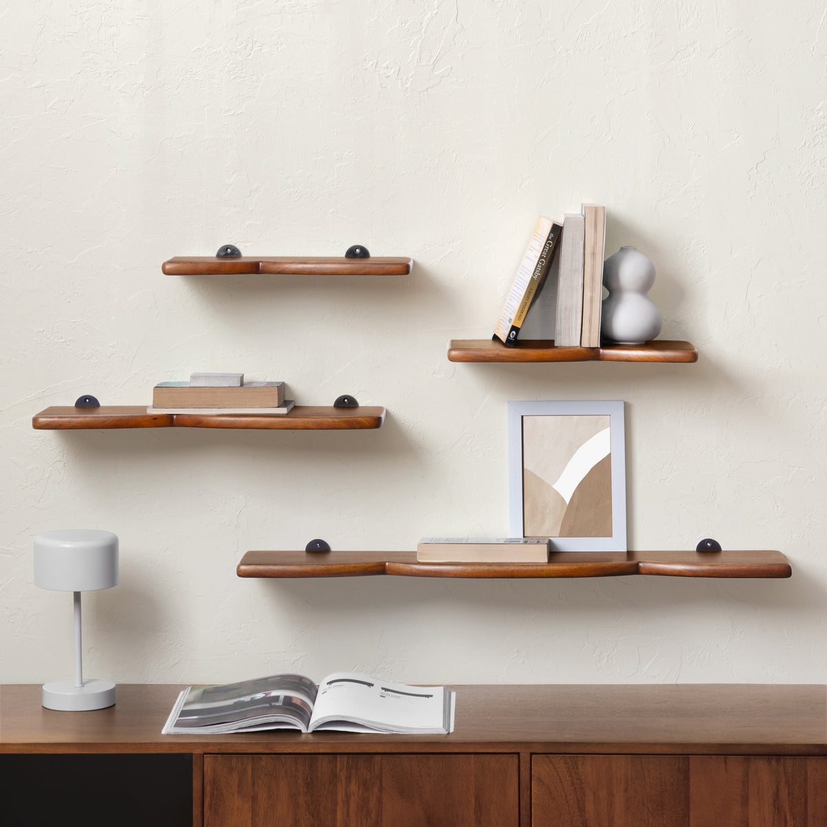 Hunter Set of 4 Solid Mango Wood Wall Mounted Shelves - Walnut