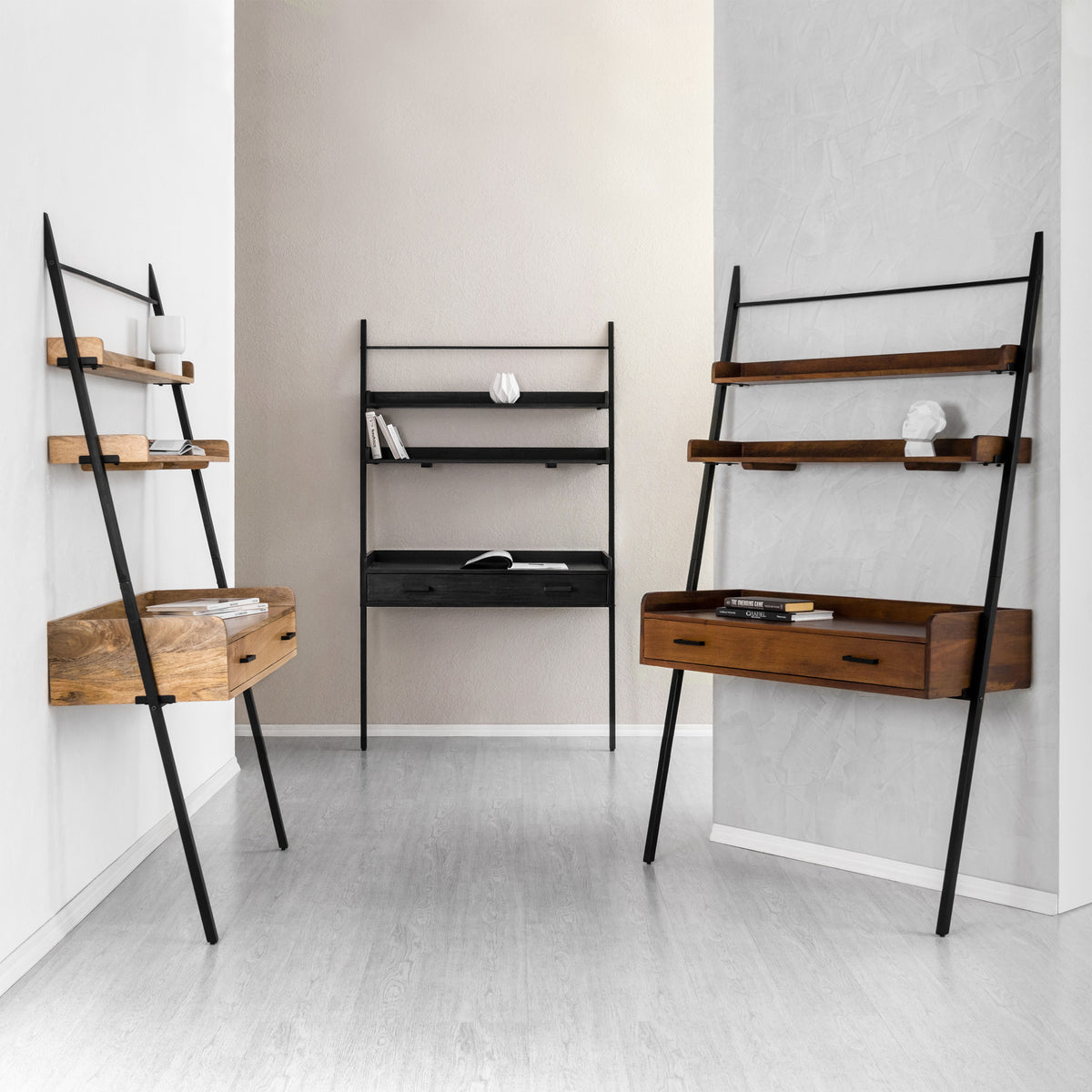 Champier Ladder Solid Wood & Metal Desk - Black & Walnut