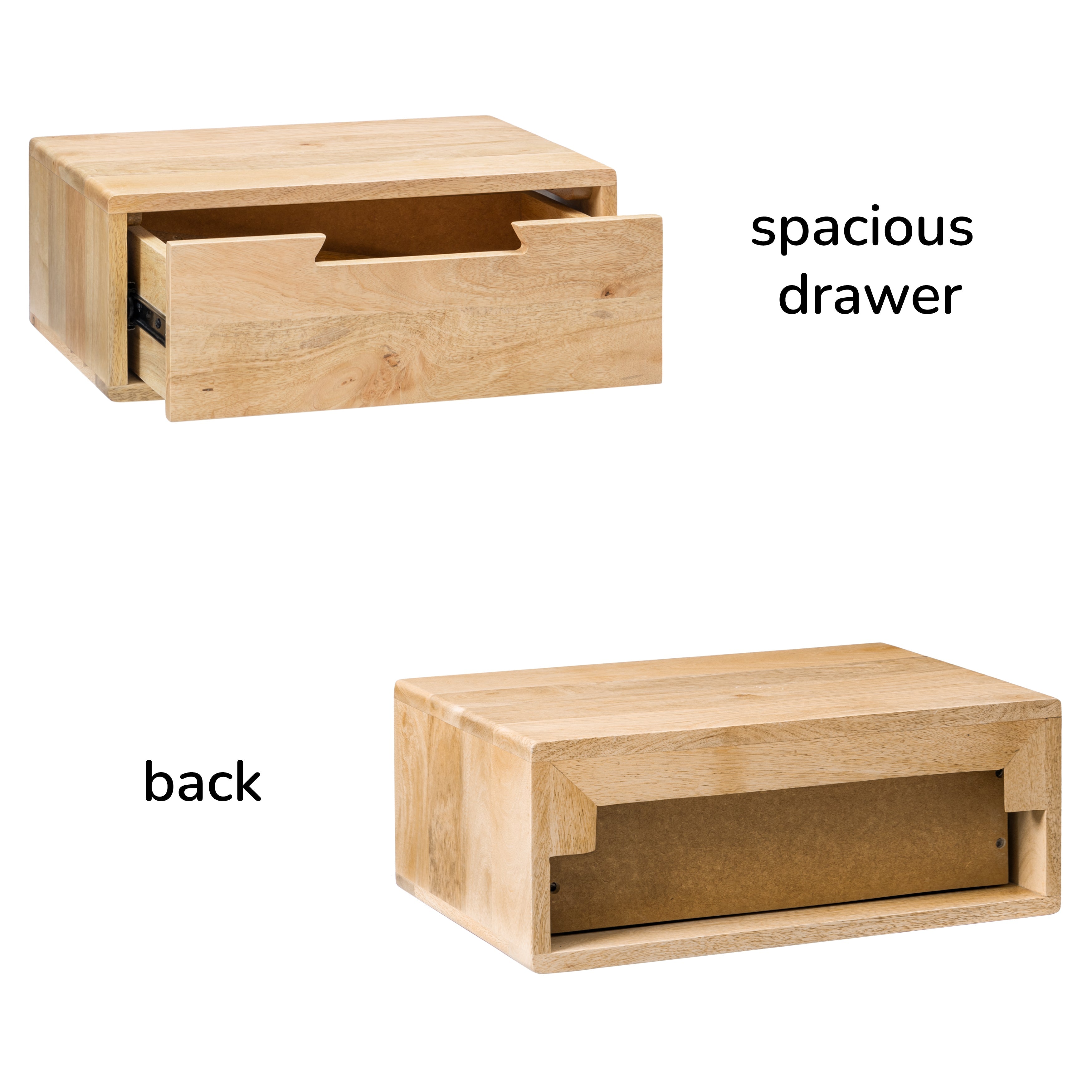 Wooden bedside table nightstand with a spacious drawer labeled on a white background