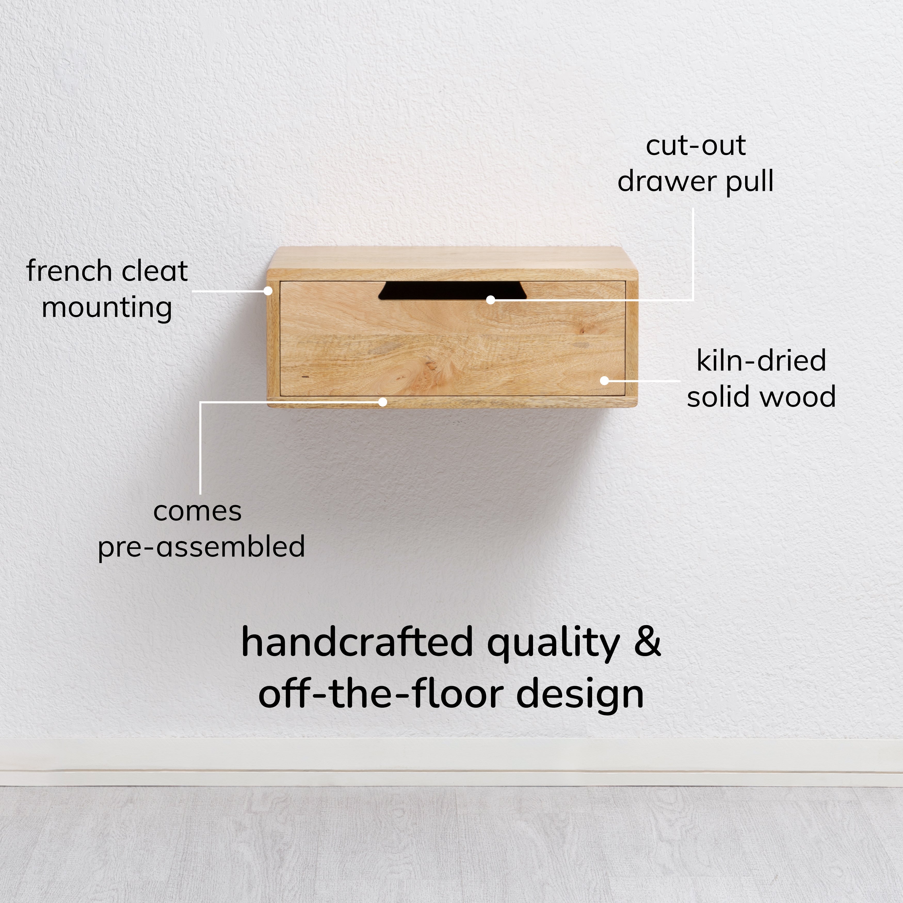 Wooden storage box with features labeled on a white background