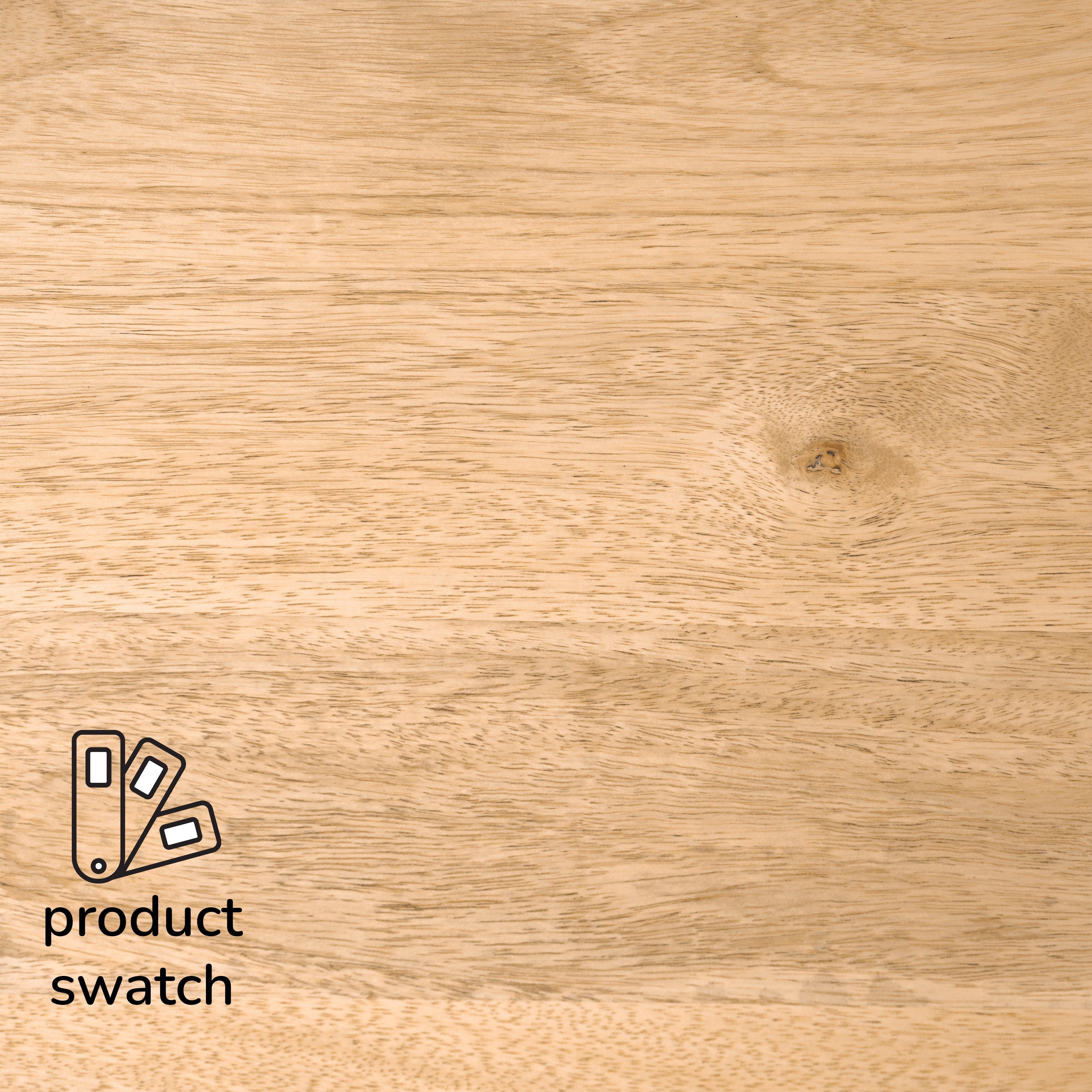 Close-up of a wooden surface with a product swatch label.