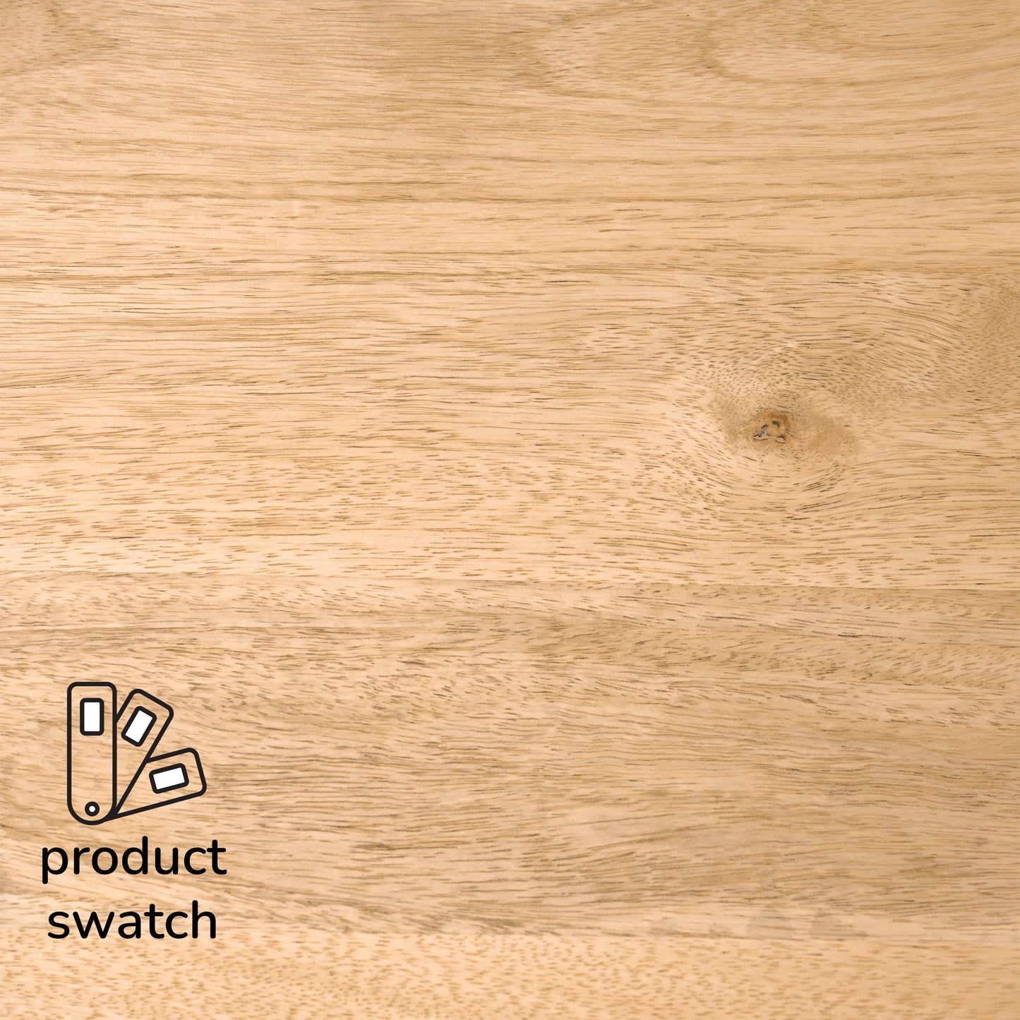 Close-up of a wooden surface with a product swatch label.
