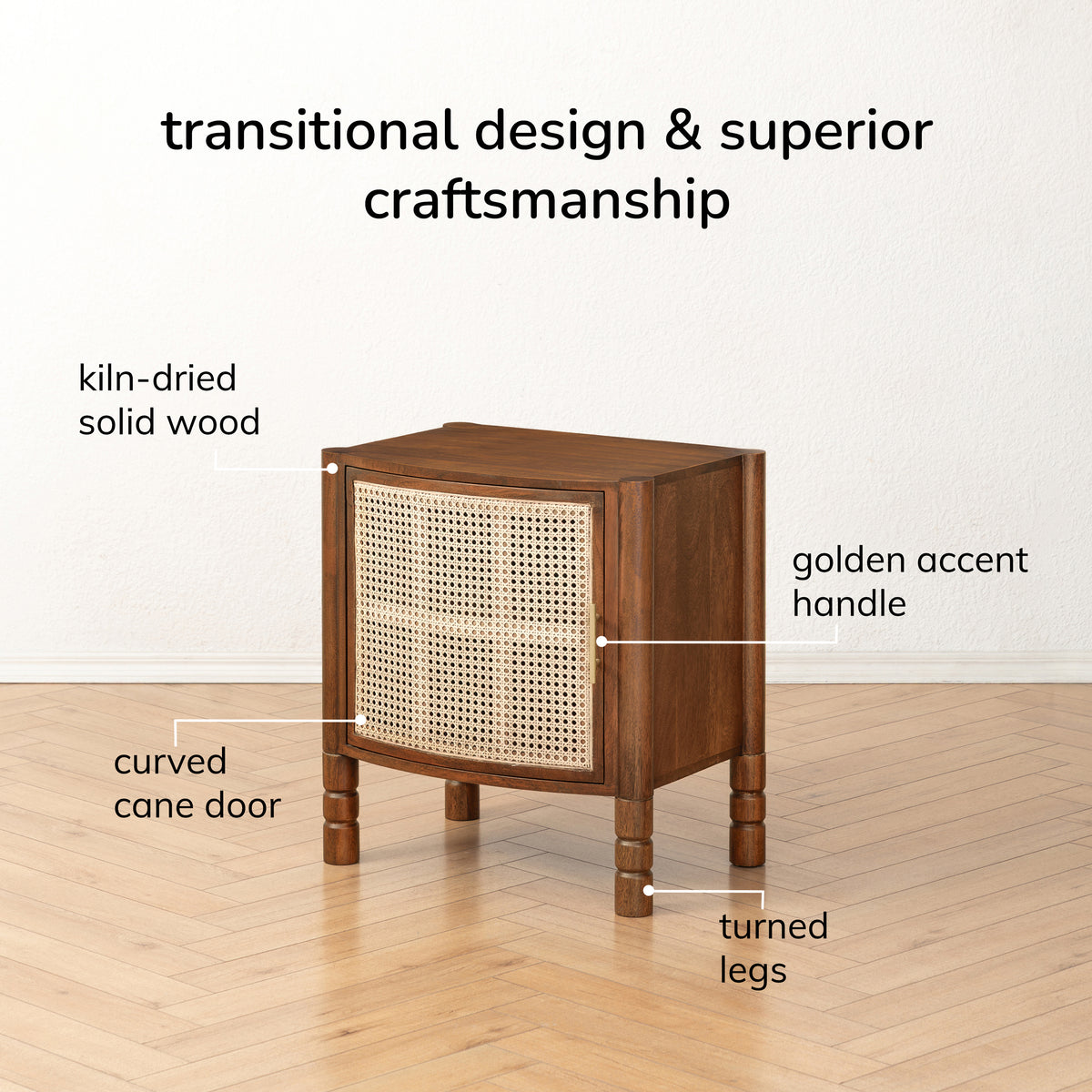 Elsie Solid Wood & Cane Nightstand - Walnut