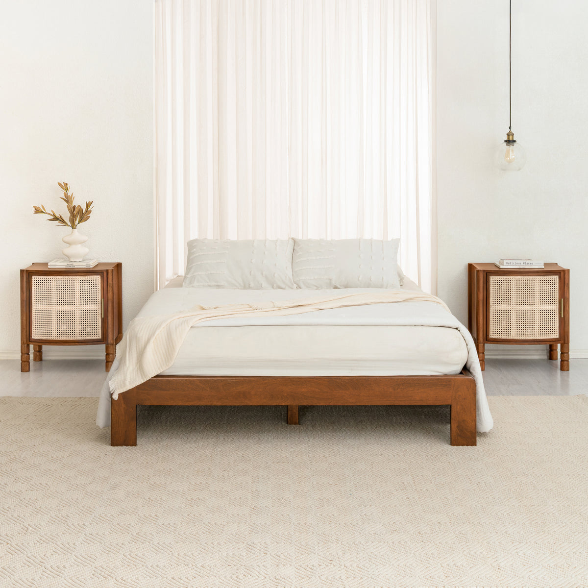 Elsie Solid Wood & Cane Nightstand - Walnut